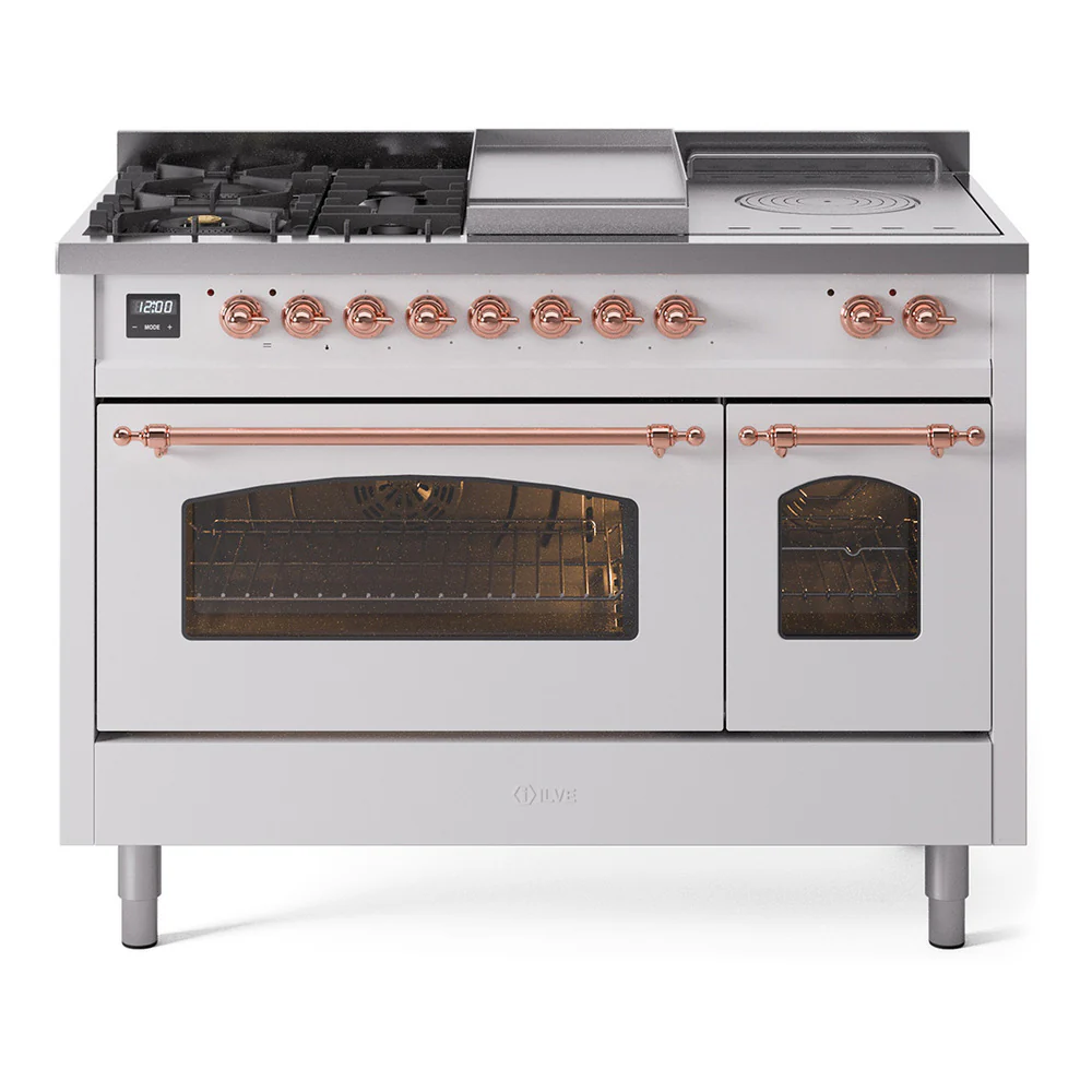 ILVE Nostalgie II 48-Inch Dual Fuel Range with 5 Burners, Griddle, & French Top with Triple Glass Door Oven in White with Copper Trim (UP48FSNMPWHP)
