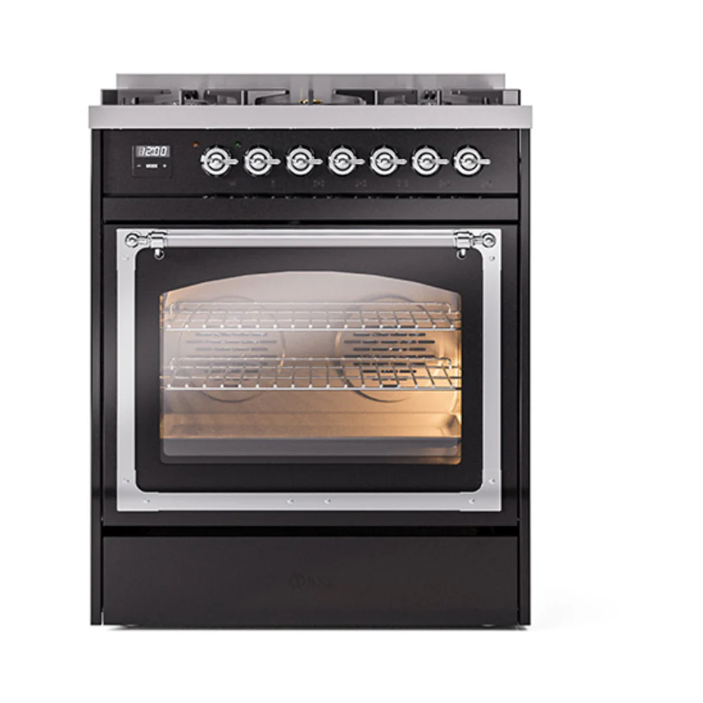 ILVE Nostalgie II Noblesse 30-Inch Dual Fuel Range with Triple Glass Door in Glossy Black with Chrome Trim (UN30NMPBKC)