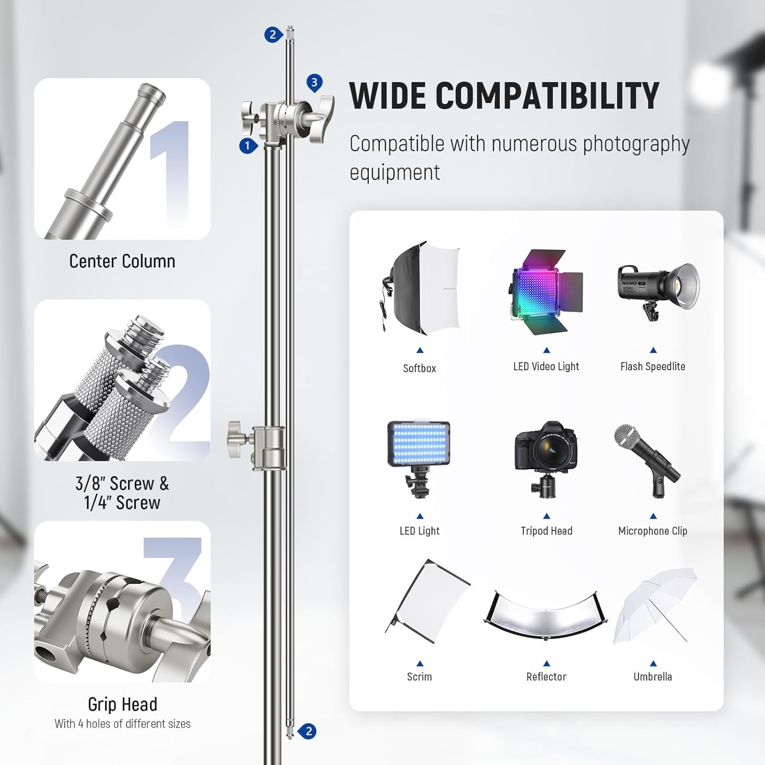 NEEWER Basics 100% Stainless Steel Heavy Duty C Stand with Boom Arm, Max 10.5ft/320cm Photography Light Stand, 4.2ft/128cm Holding Arm, 2 Grip Heads for Studio Monolight Softbox Reflector, SC320 Lite