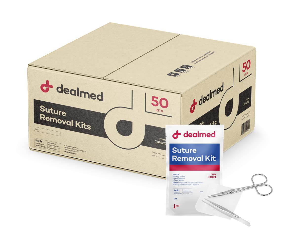Dealmed Sterile Suture Removal Kit, Includes Suture Removal Scissors, Forceps, and Gauze Sponge, Suture Removal Tool Single-Use Kit, Ideal for Hospitals and Clinics (50 Kits)