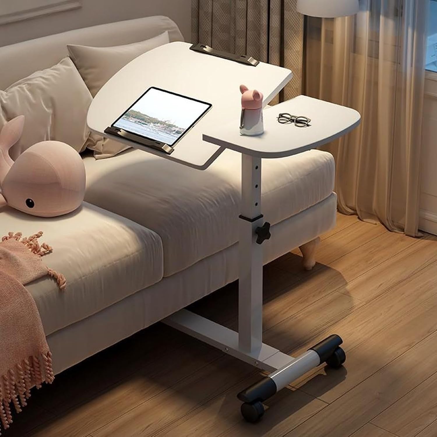 Bedside Rolling Overbed Table, Non Tilt Top with Wheels and Secure Height Adjustment, Portable Rolling Desk, Mobile Small Standing Desk, for Home Use(White)