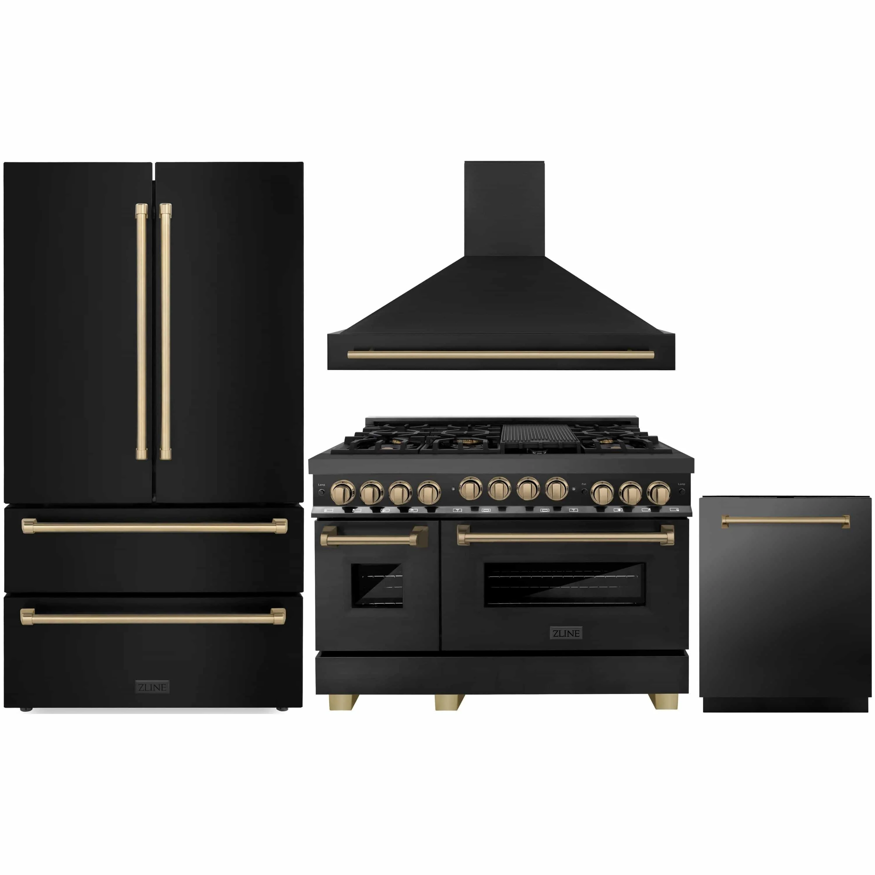 ZLINE Autograph Edition 4-Piece Appliance Package - 48-Inch Dual Fuel Range, Refrigerator, Wall Mounted Range Hood, & 24-Inch Tall Tub Dishwasher in Black Stainless Steel with Champagne Bronze Trim (4AKPR-RABRHDWV48-CB)