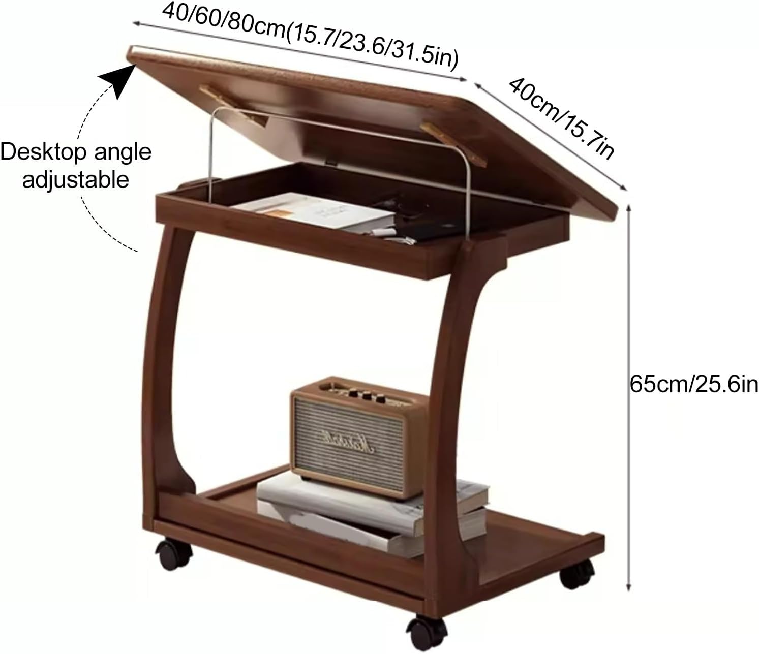 Overbed Table with Wheels Adjustable Standing Laptop Cart, Sturdy Wood Computer Desk with Tiltable Tabletop for Laptop and Bedroom Work(60cm/23.6in)