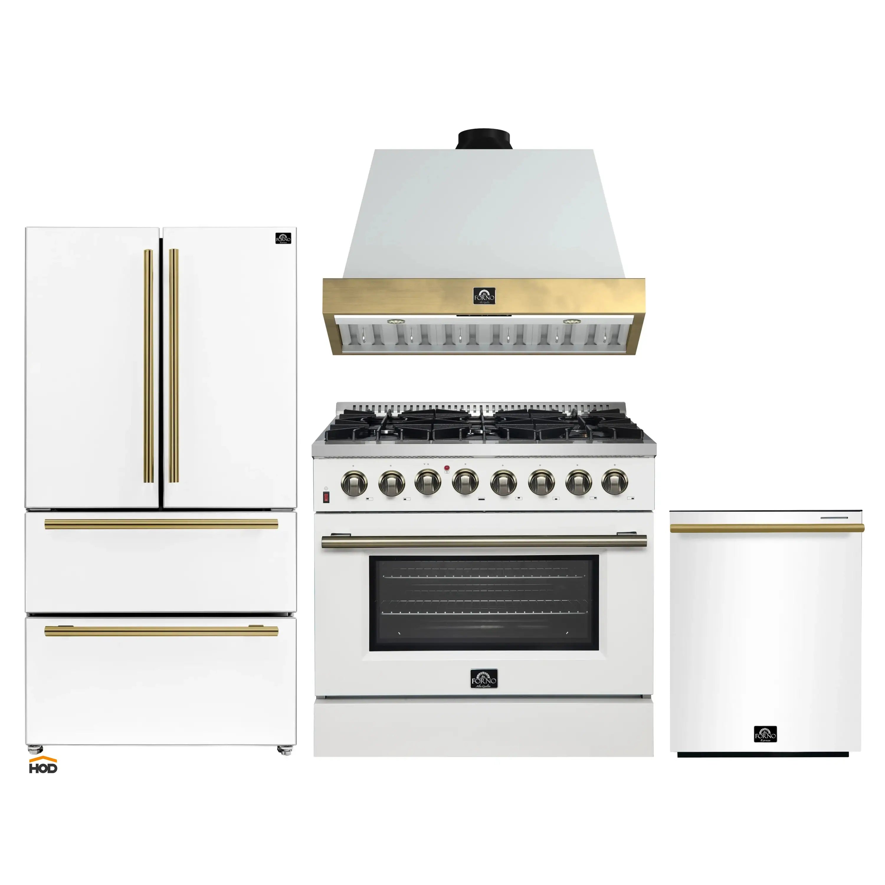 Forno Galiano 4-Piece Appliance Package - 36-Inch Dual Fuel Range, 36-Inch Hood, 36-Inch Refrigerator, & 24-Inch Dishwasher in White with Antique Brass Trim