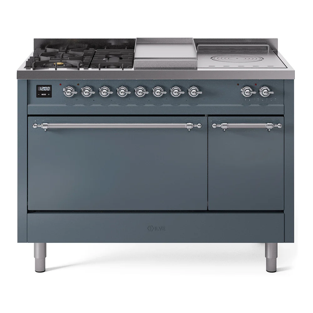 ILVE Nostalgie II 48-Inch Dual Fuel Range with 5 Burners, Griddle, & French Top, with Solid Door Oven in Blue Grey with Chrome Trim (UP48FSQNMPBGC)