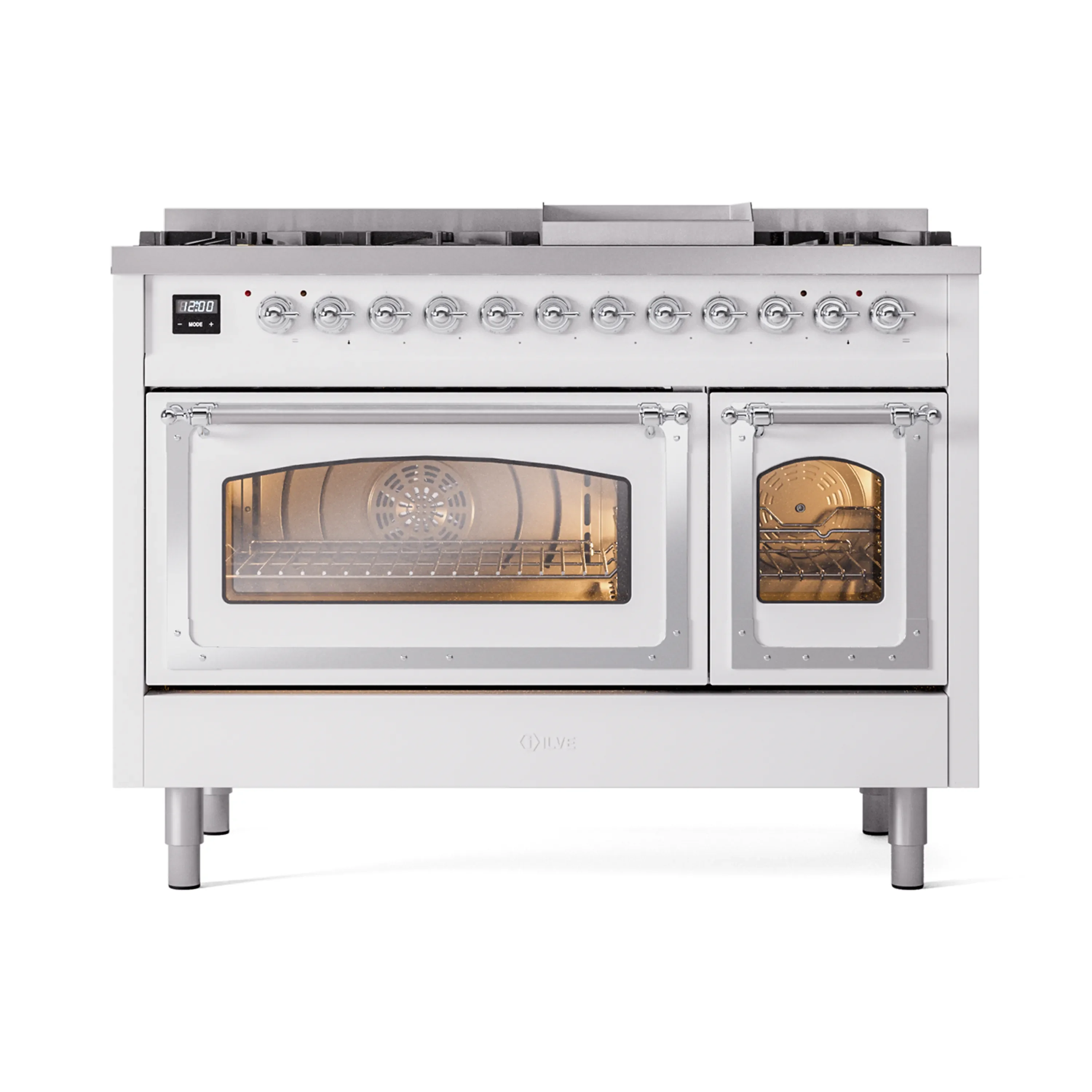 ILVE Nostalgie II Noblesse 48-Inch Dual Fuel Freestanding Range in White with Chrome Trim (UN48FNMPWHC)