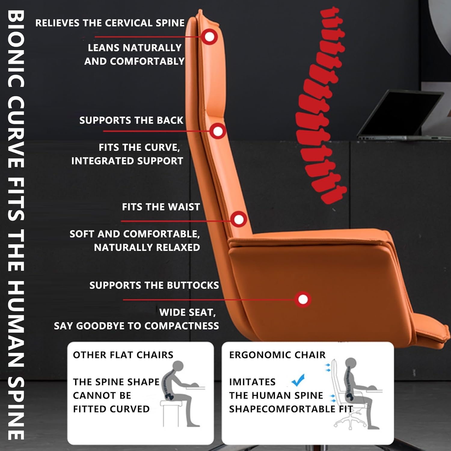 High Back Office Chair with Adjustable Height and Reclining Feature for Ultimate Comfort and Support Ergonomic PU Leather Desk Chair with Headrest and Armrests Ideal fo(Orange-One Size