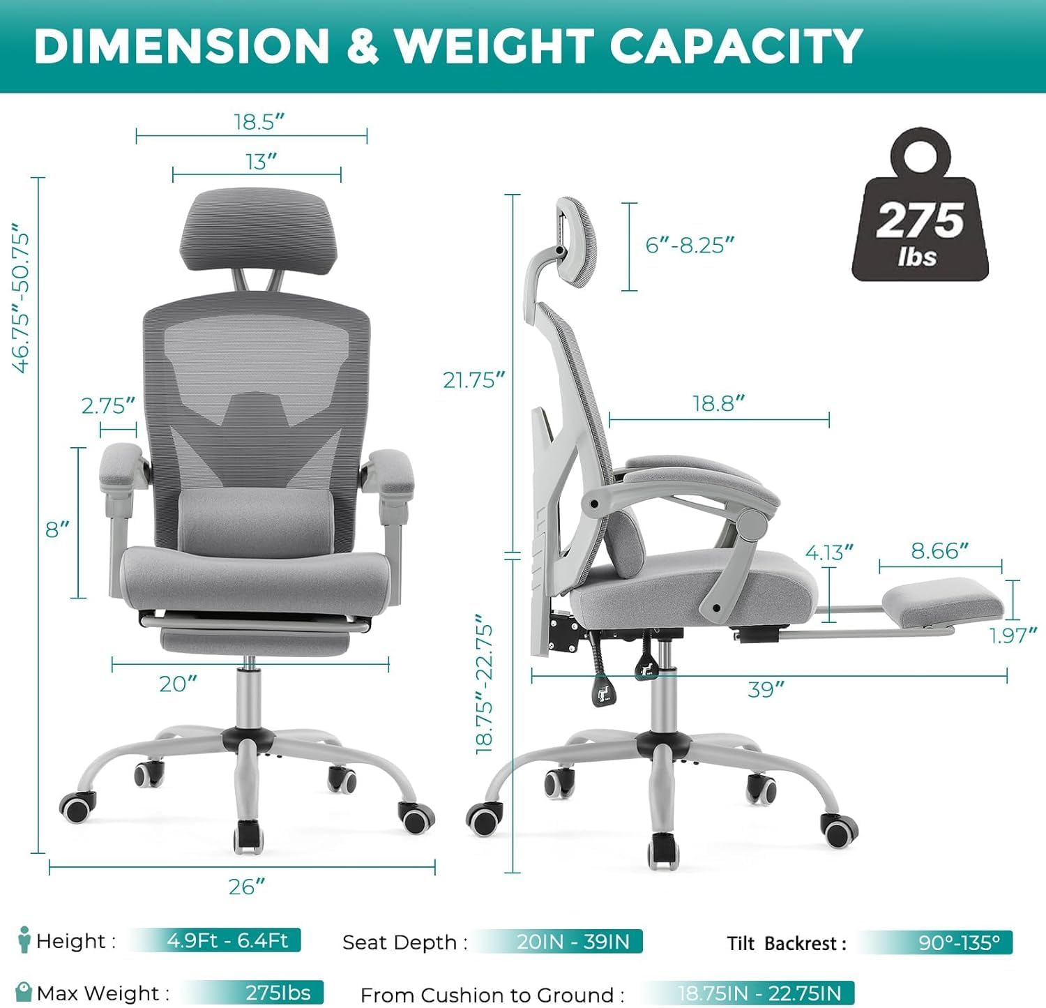 Simple Deluxe Home Office Desk Chair with Footrest, High-Back Mesh Rolling Swivel Reclining Chairs with Wheels, Comfortable Headrest, Lumbar Support, Comfy Arms