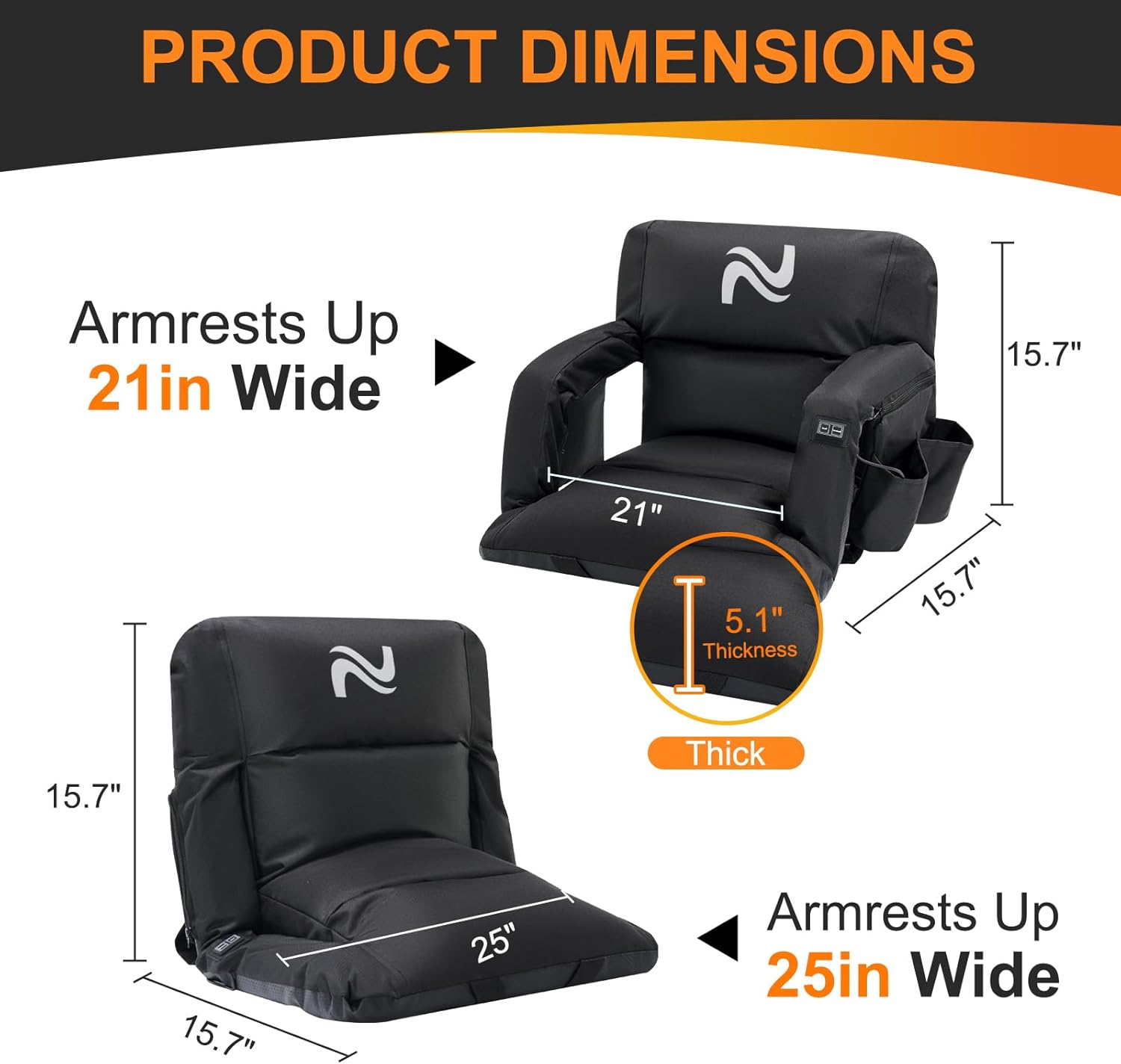 NAIZEA Wide Heated Stadium Seat for Bleachers w/Back Support & Cushion, Portable Bleacher Seats Foldable Stadium Chair with Armrests for Sports Events, Outdoor, Camping, Hiking-No Power Bank