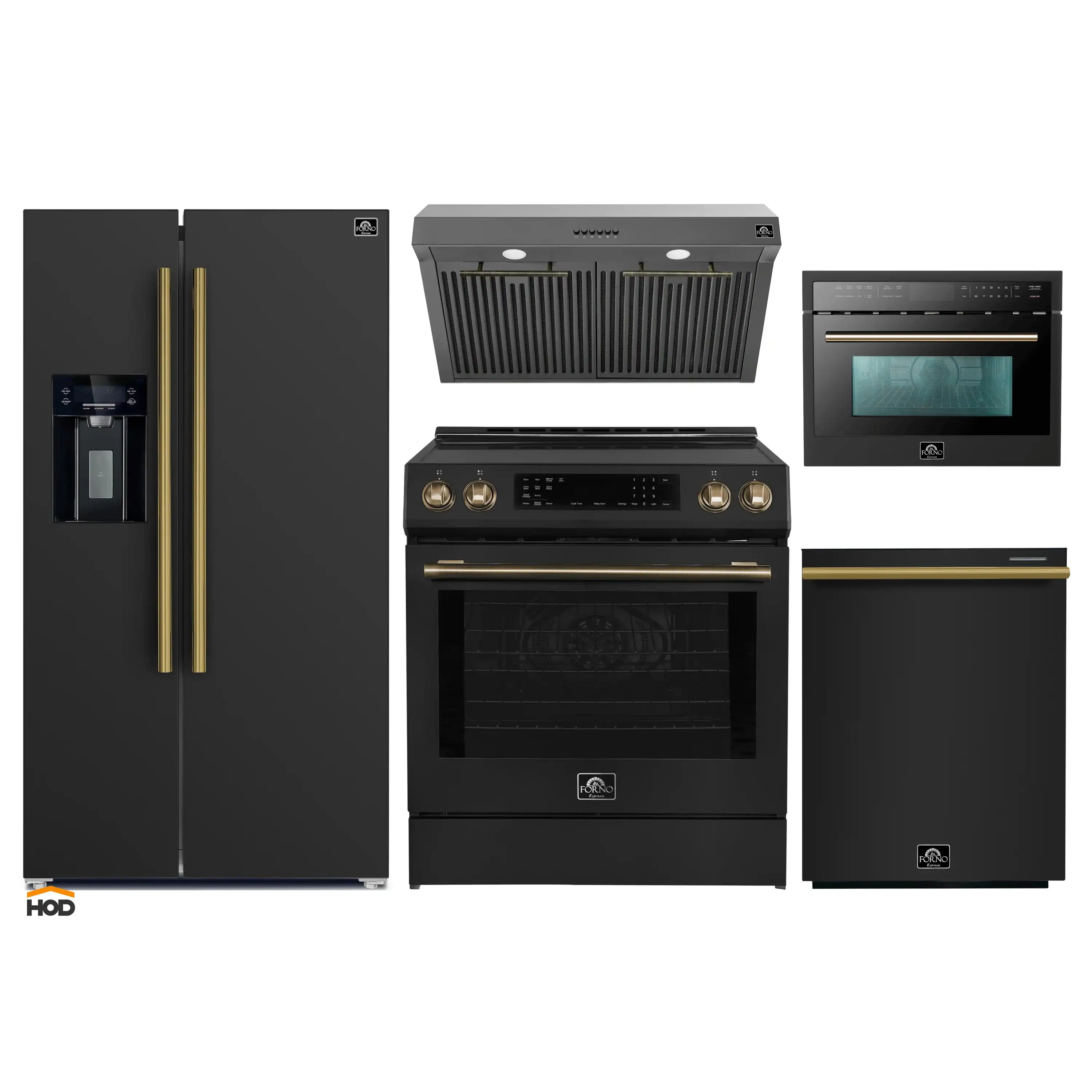 Forno 5-Piece Appliance Package - 30-Inch Inducton Range, Under Cabinet Range Hood, Refrigerator with Water Dispenser, Dishwasher, and 24-Inch Microwave Oven in Black with Antique Brass Trim