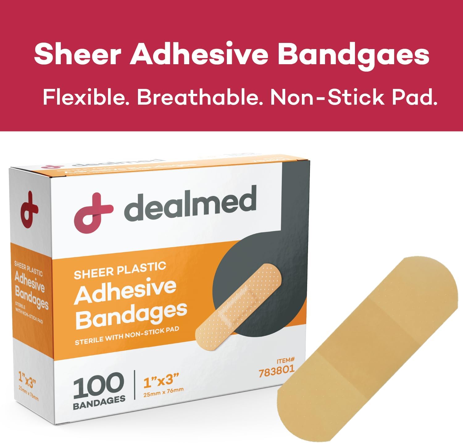 Dealmed Sheer Plastic Flexible Adhesive Bandages – 100 Count (24 Pack) Bandages with Non-Stick Pad, Latex Free, Wound Care for First Aid Kit, 1