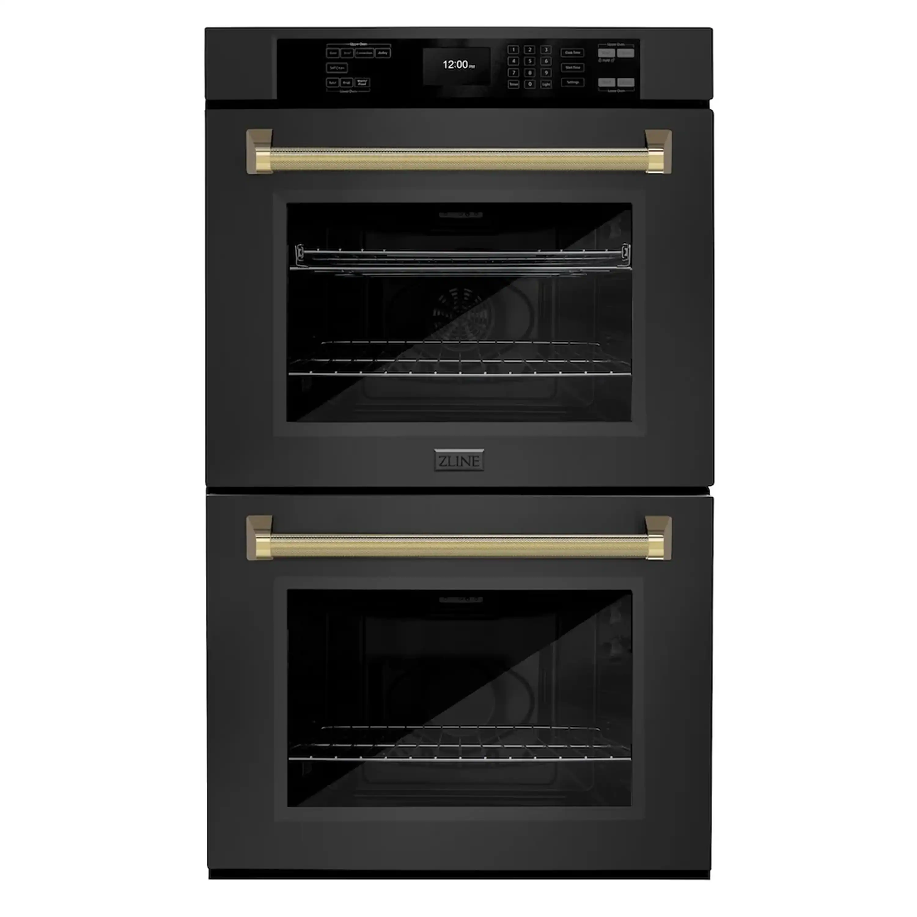 ZLINE Autograph 30-Inch True Convection Double Wall Oven in Black Stainless Steel with Gold Helix Handles (WADBZ-30-KG)
