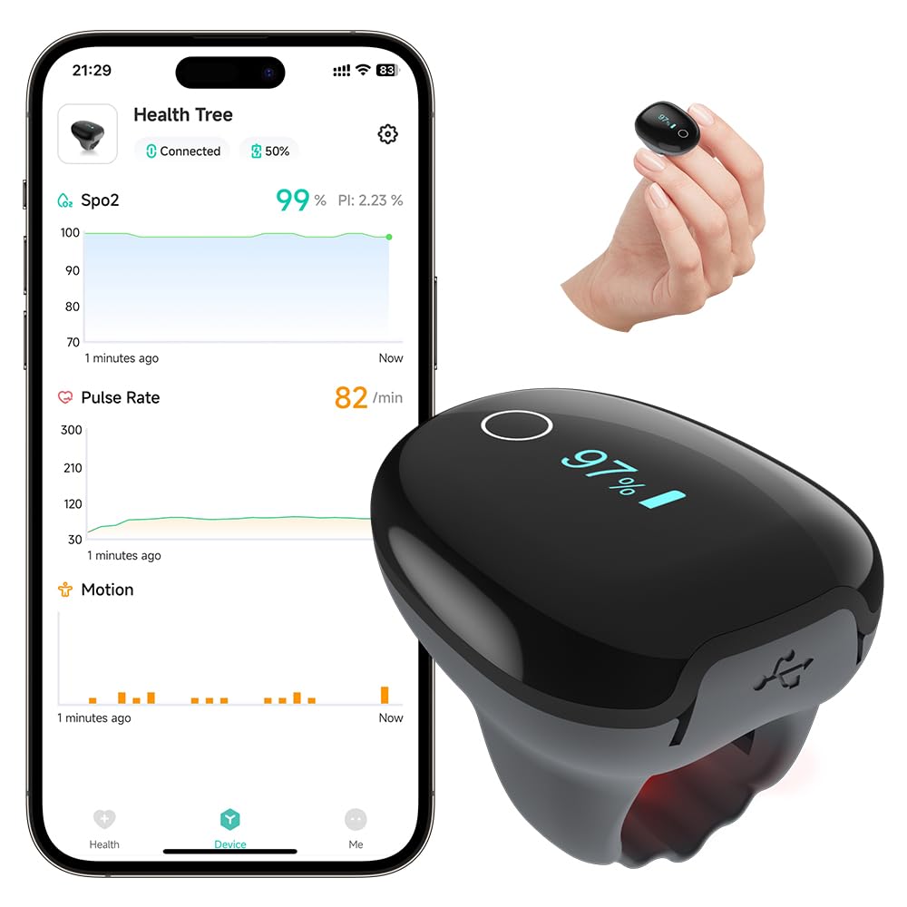 Pulse Oximeter O2 Ring Oxygen Monitor Blood Oxygen Saturation with Vibration Reminder Continuous Recording of SpO2&PR Rechargeable Pulse Ox continuous pulse oximeter with Bundle APP Provides Report