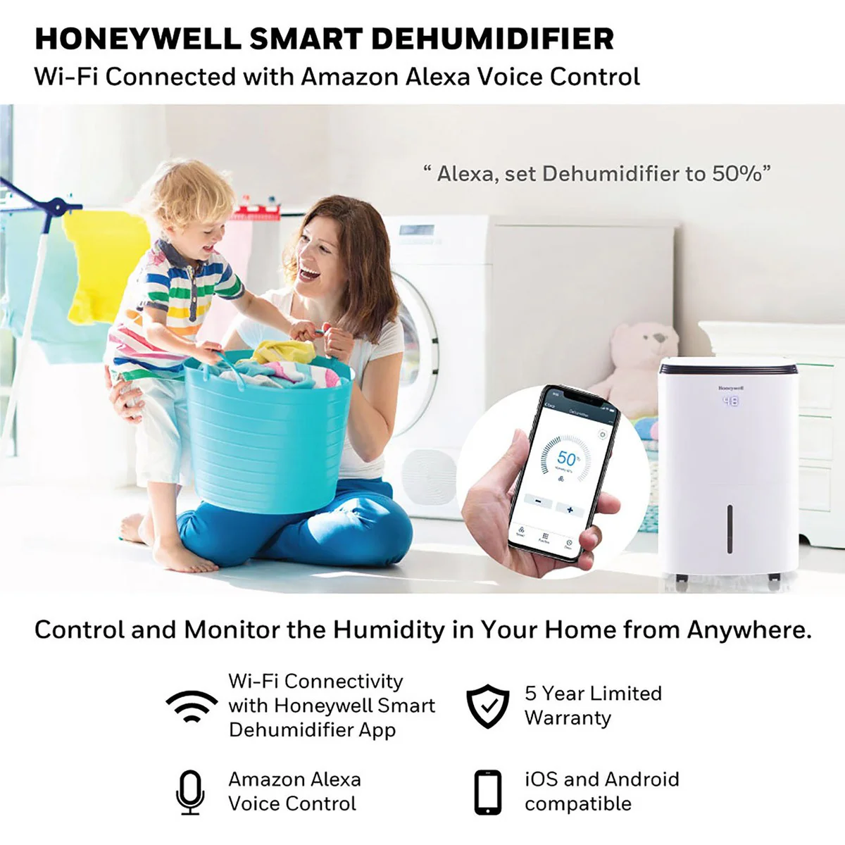Honeywell 50 Pint Energy Star Dehumidifier with Optional Wi-Fi