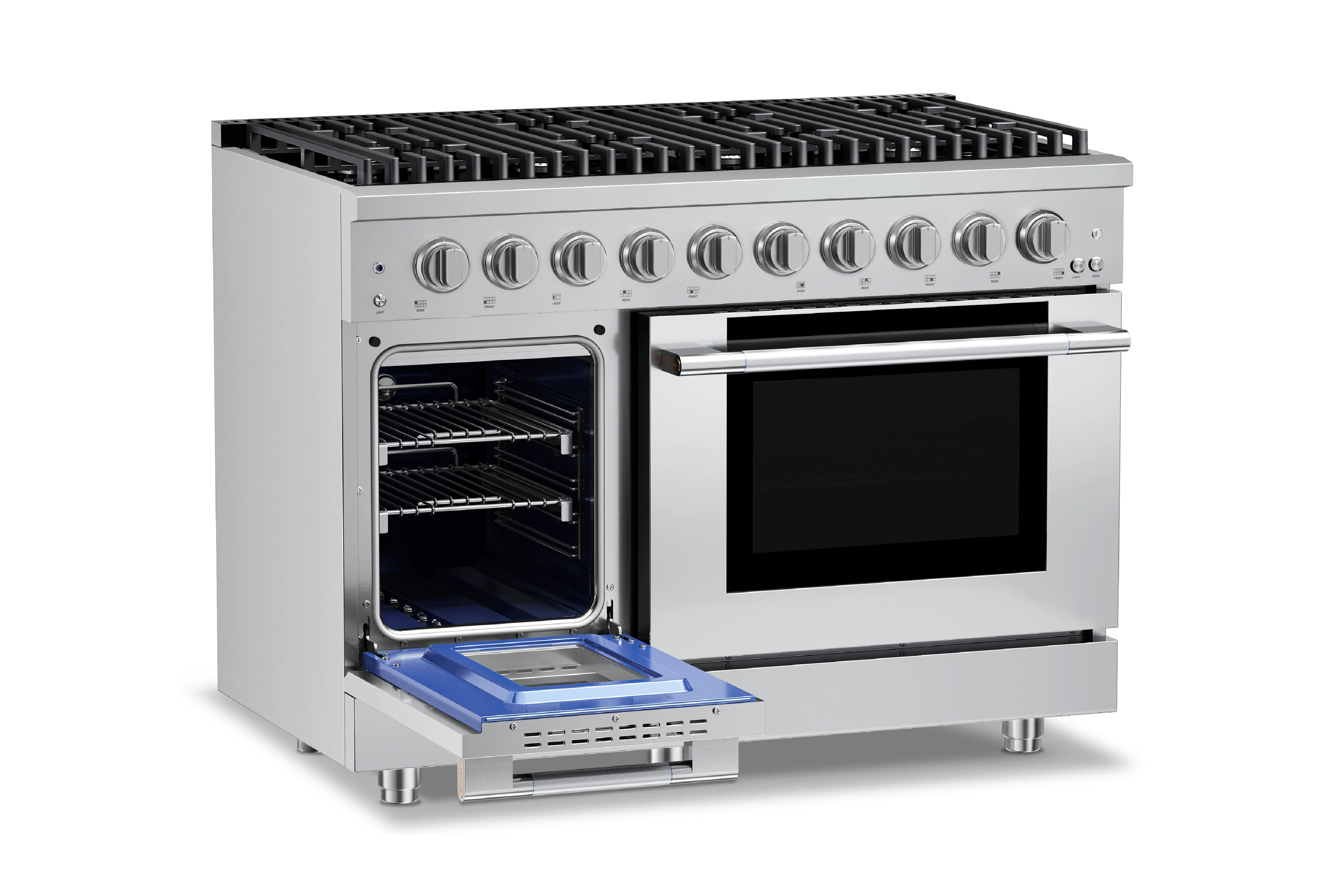 Hauslane HausPro Series 48-Inch Gas or Dual Fuel Range with 8 Burners and Convection Oven in Stainless Steel