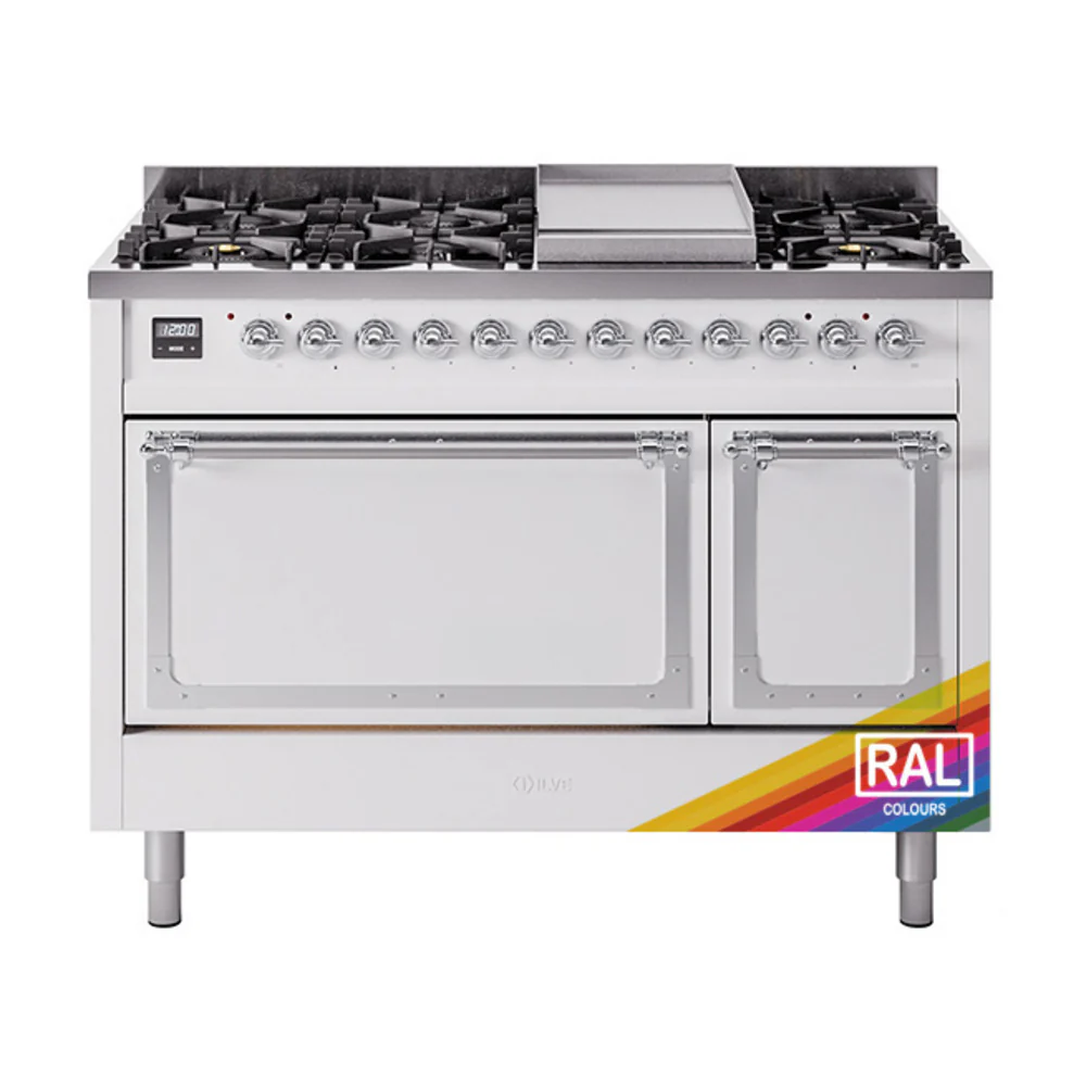 ILVE Nostalgie II Noblesse 48-Inch Dual Fuel Freestanding Range with Solid Door Oven in Custom RAL with Chrome Trim (UN48FQNMPRAC)
