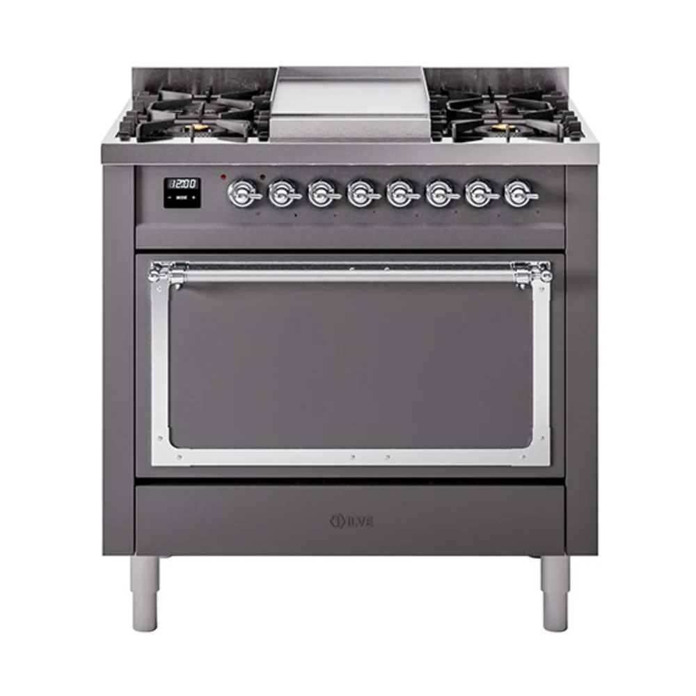 ILVE Nostalgie II Noblesse 36-Inch Dual Fuel Range and Solid Door Oven in Matte Graphite with Chrome Trim (UN36FQNMPMGC)