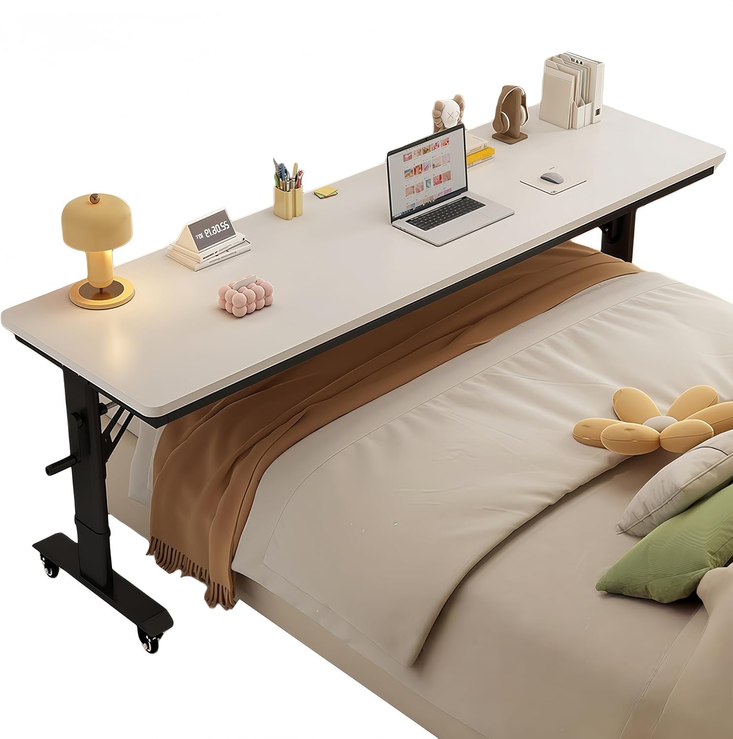 Over The Bed Table with Wheels,Adjustable Height Rolling Bed Desk - Mobile Laptop Cart for Home Office,Hospital, Bedroom Work,Fits King Size Beds