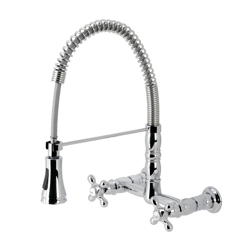 Kingston Brass Gourmetier Heritage Double-Handle Wall-Mount Pre-Rinse Bridge Kitchen Faucet, Polished Chrome (GS1241AX)