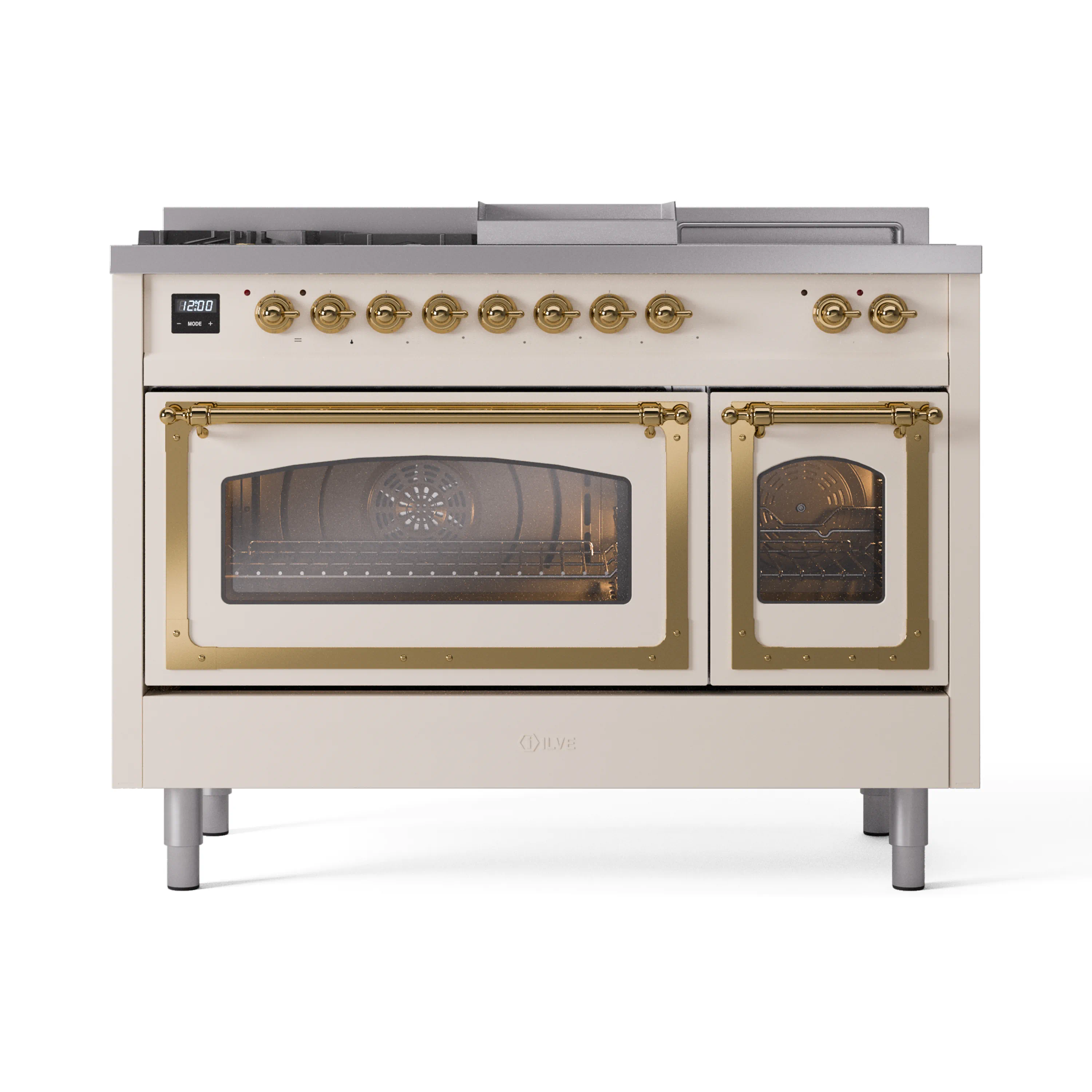 ILVE Nostalgie II Noblesse 48-Inch Dual Fuel Range with 5 Burners, Griddle, & French Top with Triple Glass Door Oven in Antique White with Brass Trim (UN48FSNMPAWG)
