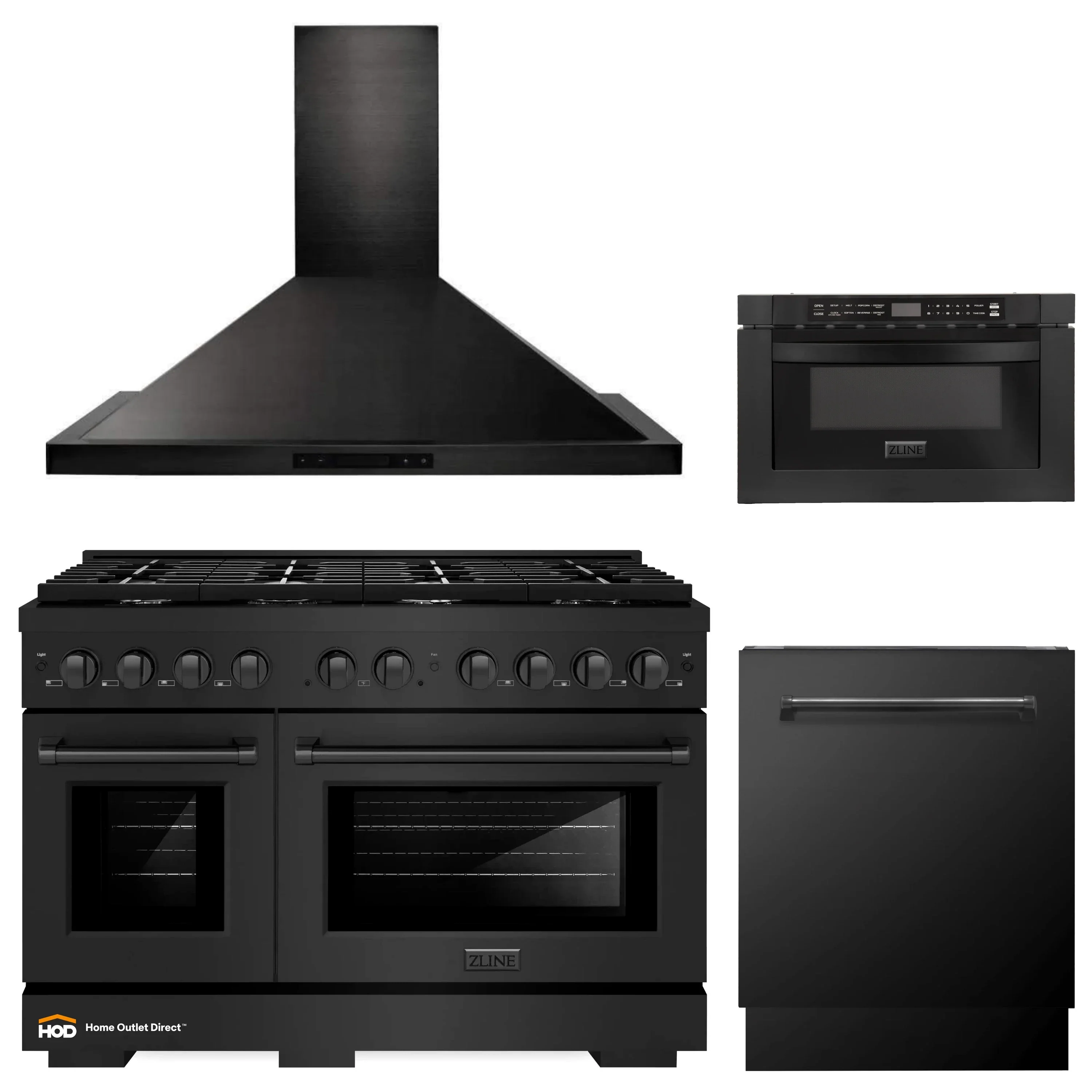 ZLINE 4-Piece Appliance Package - 48-Inch Gas Range, Convertible Wall Mount Hood, Microwave Drawer, and 3-Rack Dishwasher in Black Stainless Steel (4KP-SGRBRH48-MWDWV)