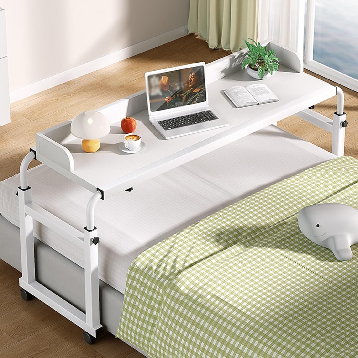 Adjustable Height & Length Laptop Bed Table, Rolling Standing Desk, Overbed Table with 360° Wheels, Queen Size Mobile Bed Desk, with Heavy Duty Metal Leg(White,140cm/55.1in)