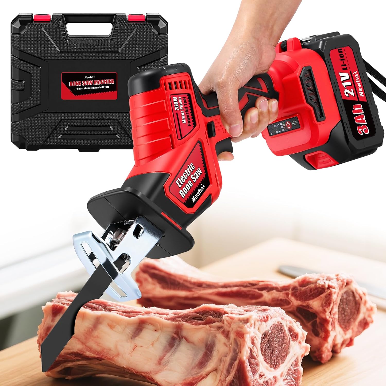 Newhai Electric Bone Saw Machine Handheld Cordless Butcher Saw with 4 Blades Battery Powered 3000mAh for Home Use