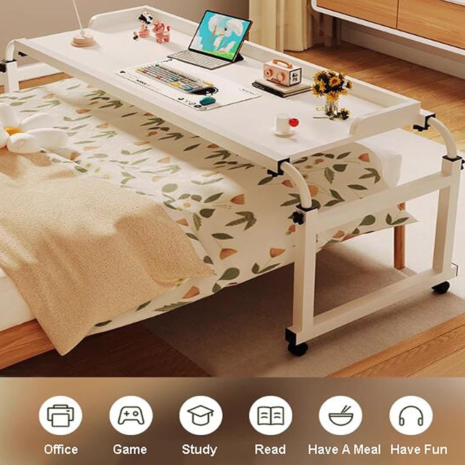 Adjustable 115-210cm Overbed Table with Wheels, Bed Tables Overbed Tables Rolling Storage Trolley Standing Workstation Adjust Height 65-95cm Computer Desk for Home and Hospital(White)