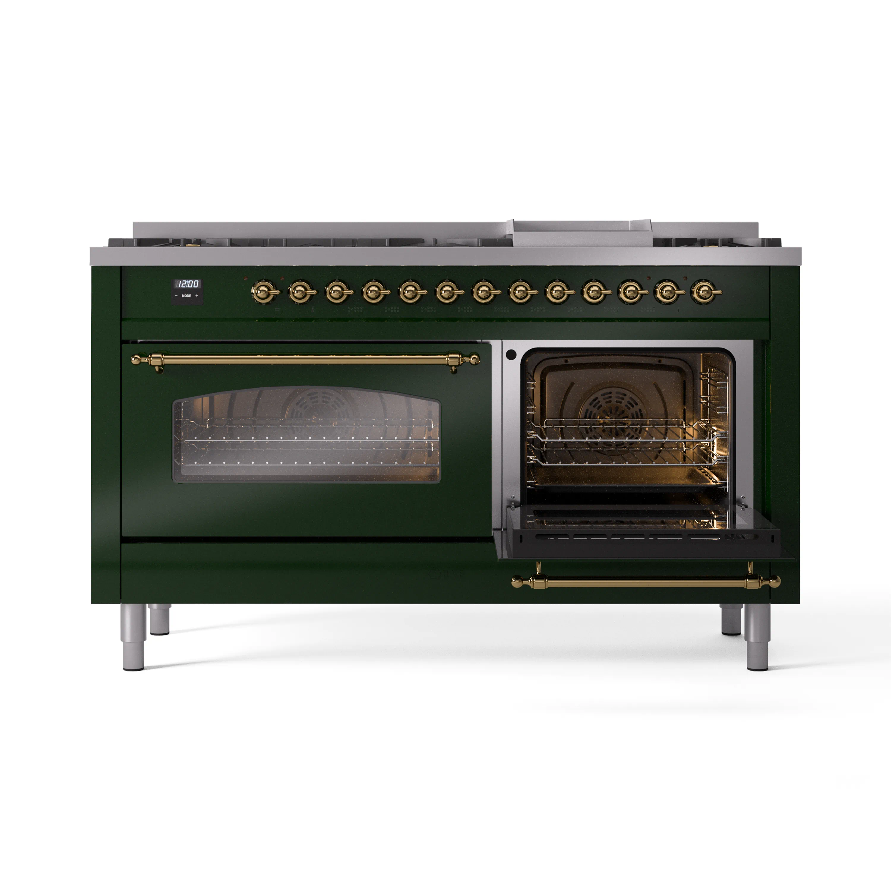 ILVE 60-Inch Nostalgie II Dual Fuel Range with 9 Burners, Griddle and Triple Glass Door Oven in Emerald Green with Brass Trim (UP60FNMPEGG)