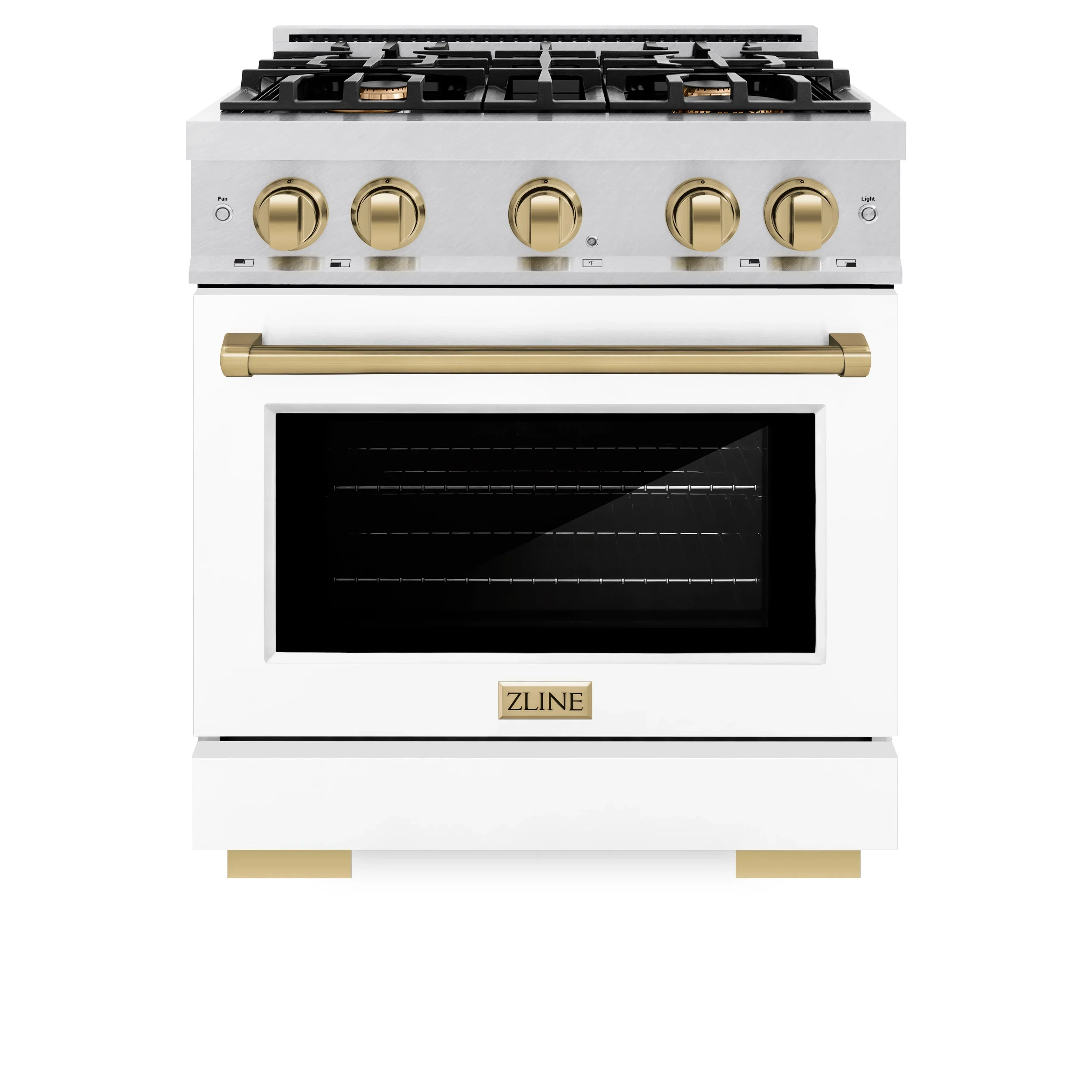 ZLINE Autograph Edition 30-Inch Select Series Gas Range with 4 Gas Burner Cooktop and 4.2 Cu. Ft. Gas Convection Oven in Satin Stainless Steel with White Matte Door and Champagne Bronze Accents (HGRSZ-WM-30-CB)