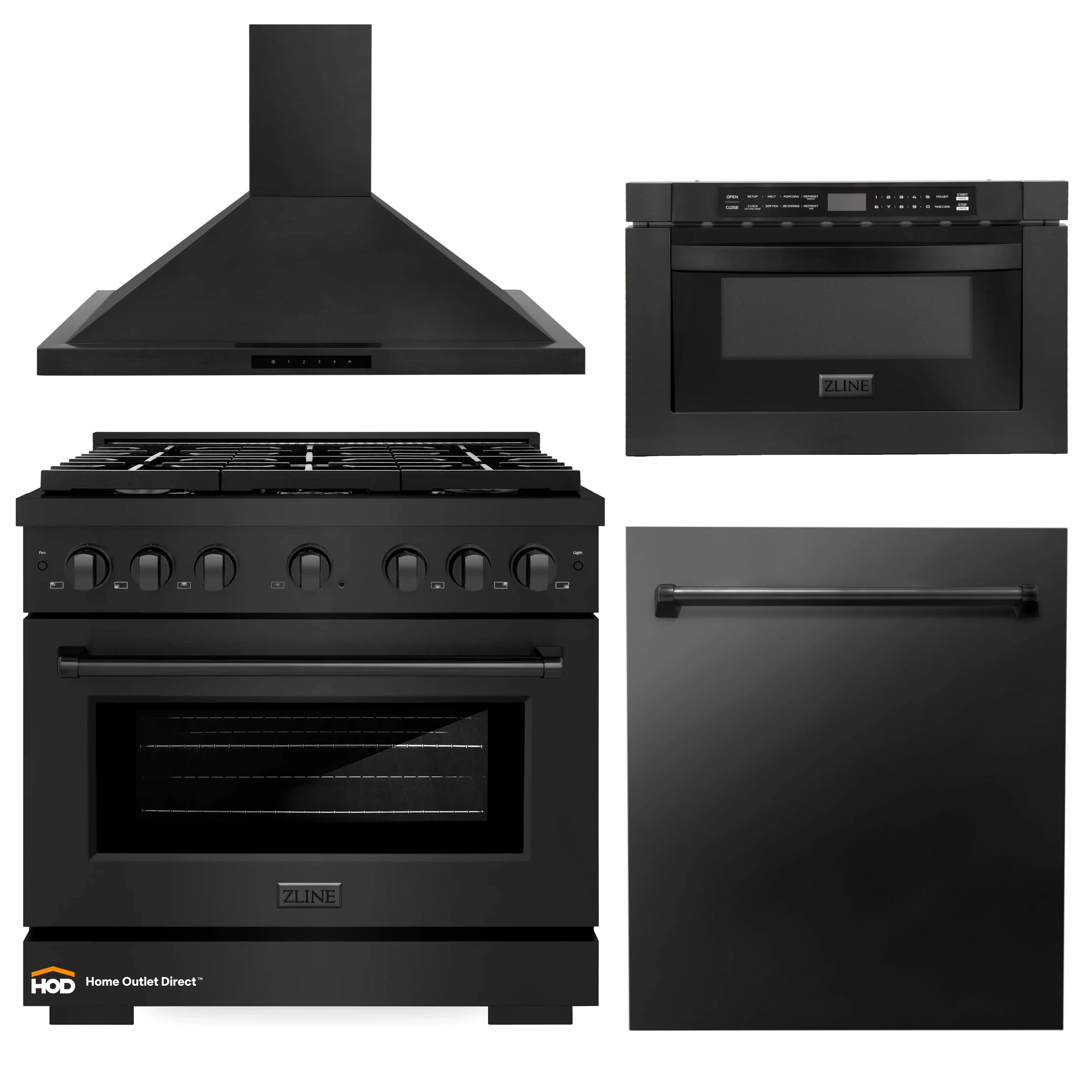 ZLINE 4-Piece Appliance Package - 36-inch Gas Range, Dishwasher, Microwave Drawer & Convertible Wall Mount Range Hood in Black Stainless Steel (4KP-SGRBRH36-MWDW)
