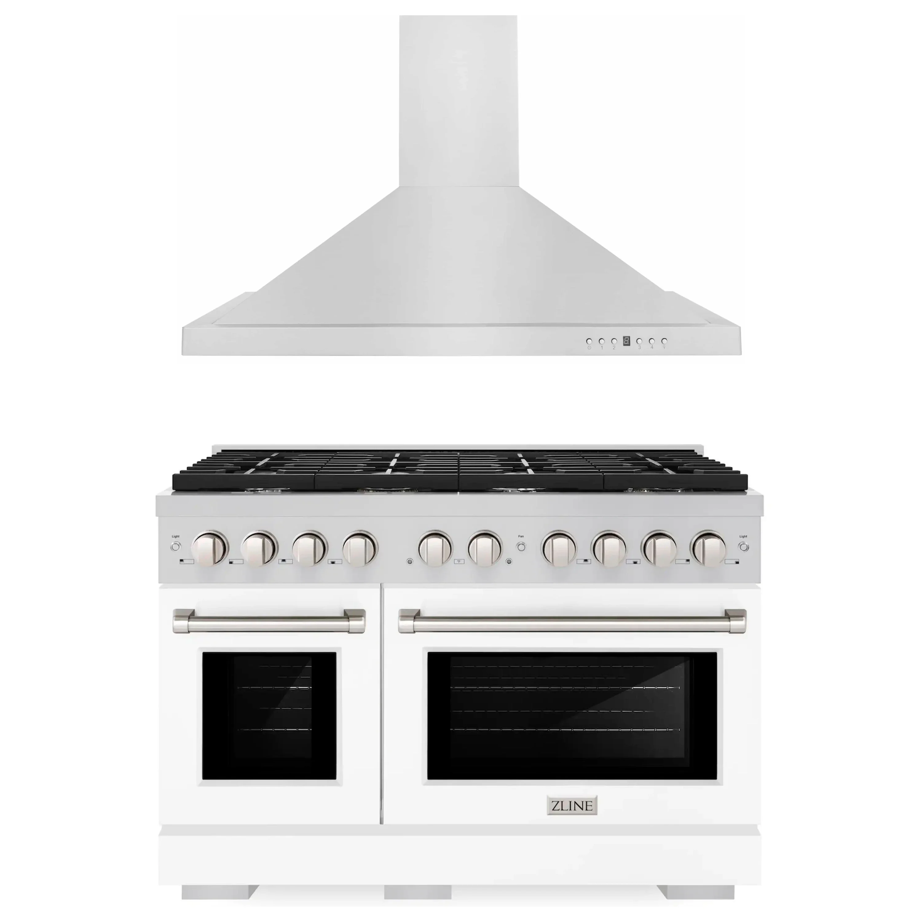 ZLINE 2-Piece Appliance Package - 48-inch Gas Range in Stainless and White Matte Door, and Convertible Vent Range Hood (2KP-SGRWMRH48)
