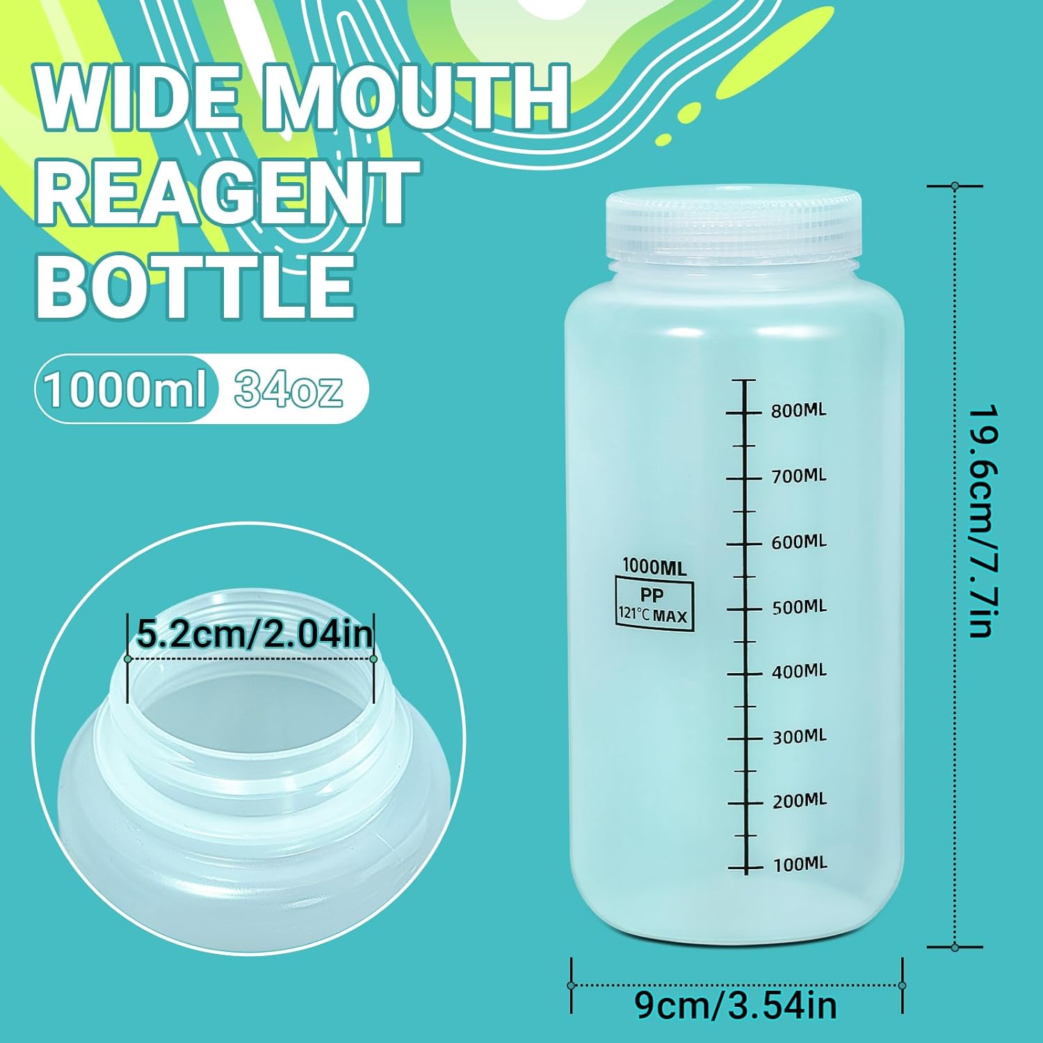 50Pack Reagent Bottle Plastic Sample Bottles with Screw Caps, 34oz Translucent PP Leak Proof Wide Mouth Liquids/Powder Container Medicine Jars for Liquids, Laboratory, Storage at Home