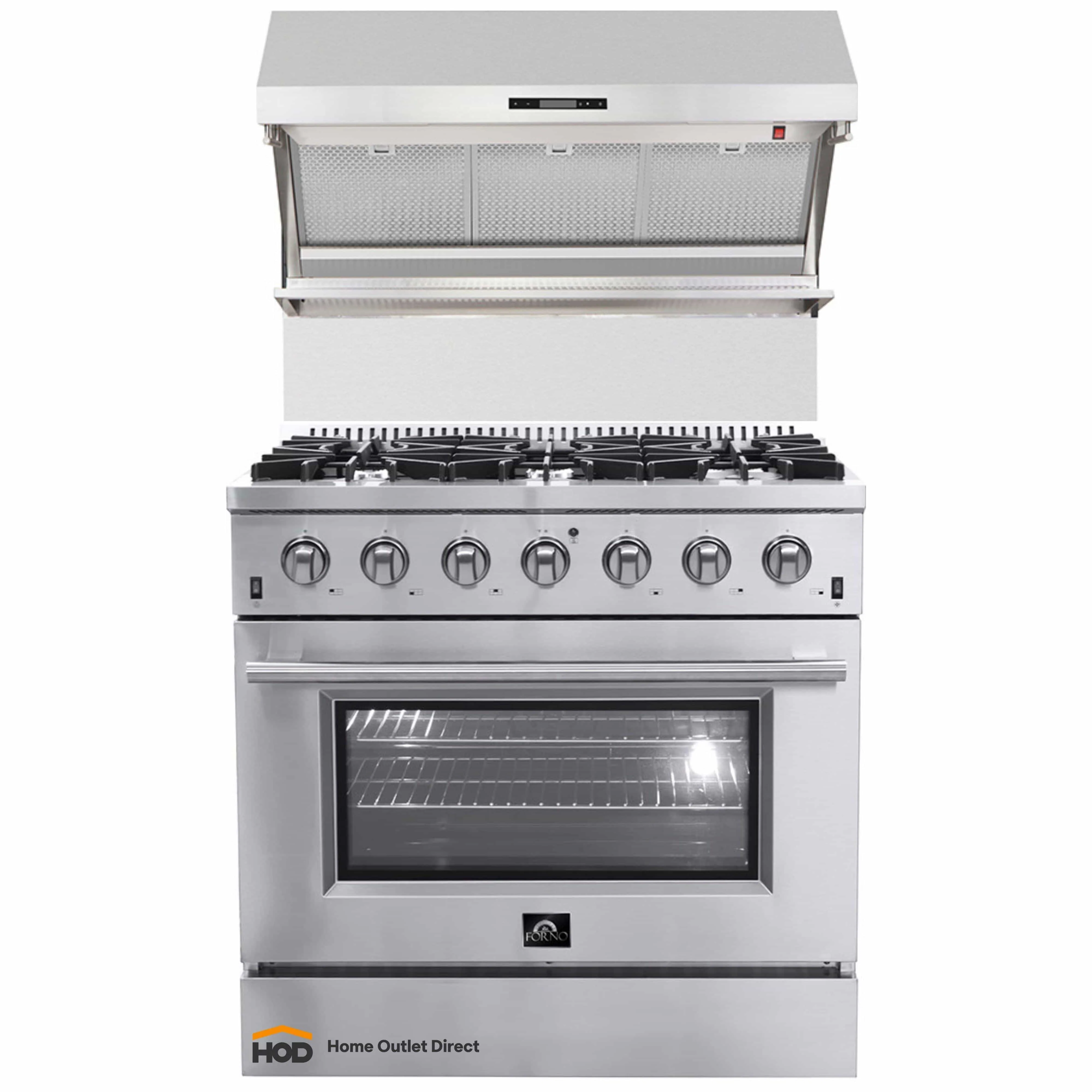 Forno 2-Piece Appliance Package - 36-Inch Gas Range & Wall Mount Hood with Backsplash in Stainless Steel