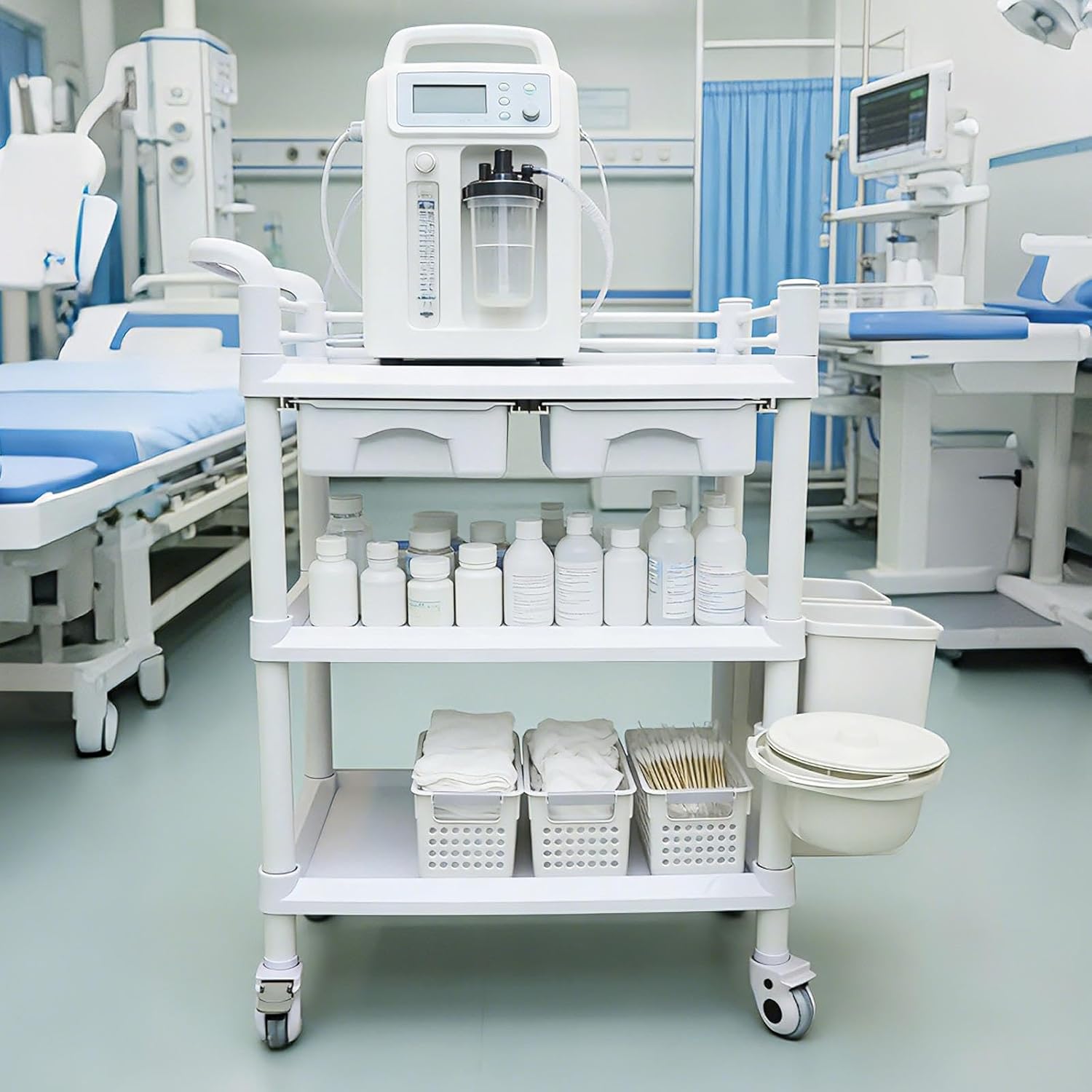 38.35 x 24.80 x 17.32 Medical Utility Cart, 3-Tier Medical Mobile Cart with 3 Trash Cans, Medical Trolley Cart with 2 Drawers, Mobile Medical Cart Suitable for Home, Barber Shop, Hospital.