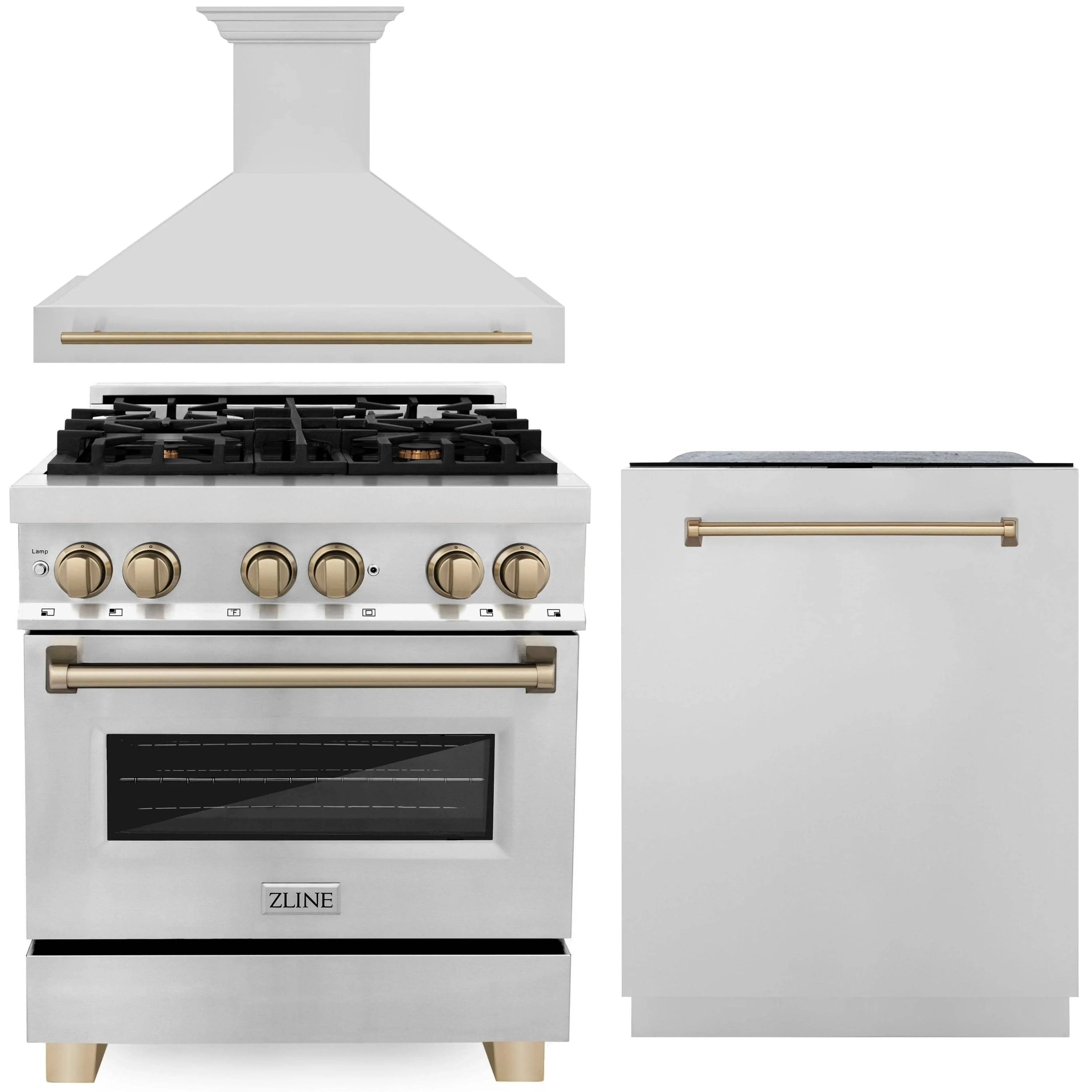 ZLINE Autograph Edition Package - 30-Inch Dual Fuel Range, Range Hood, and Dishwasher in Stainless Steel with Champagne Bronze Trim (3AKP-RARHDWM30-CB)