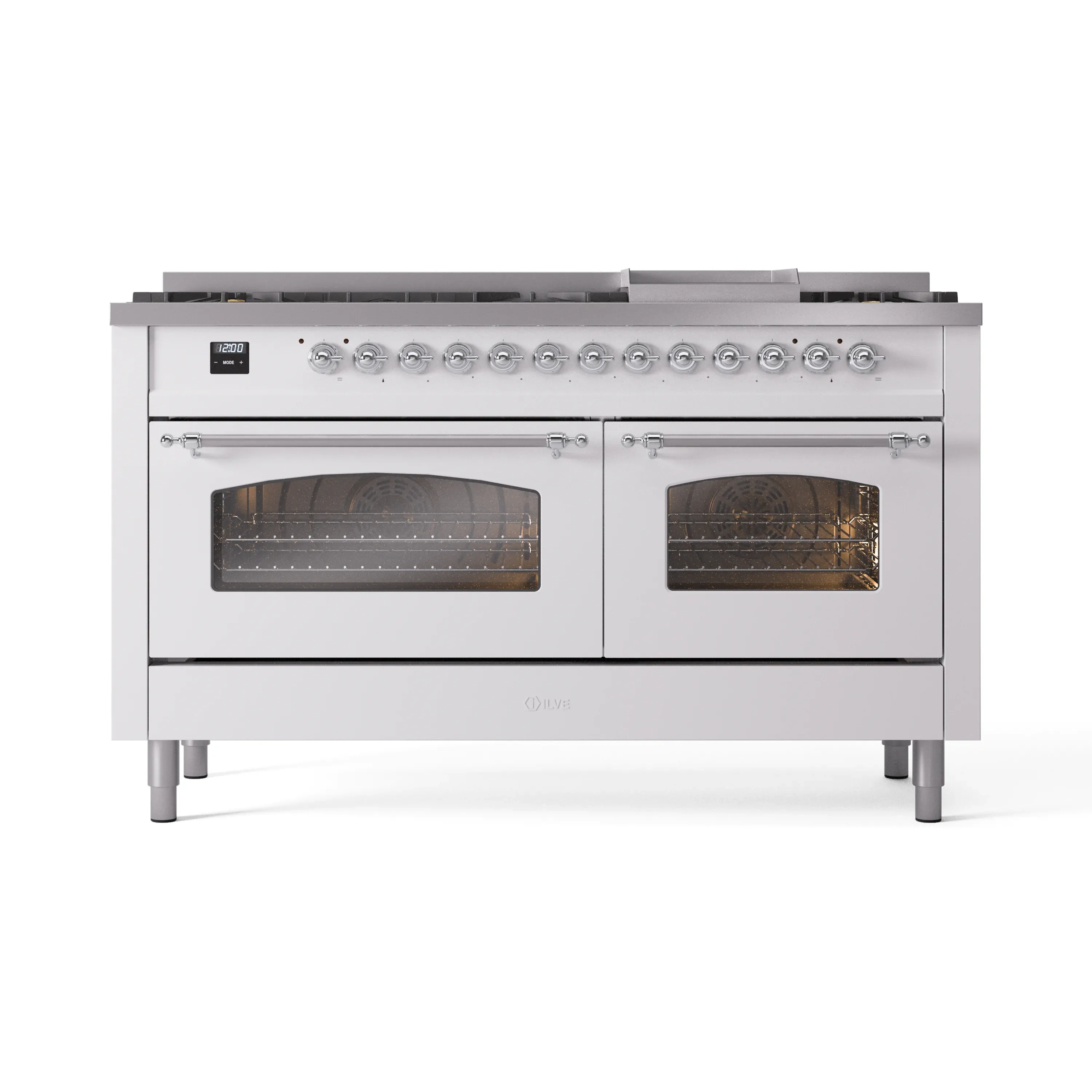 ILVE 60-Inch Nostalgie II Dual Fuel Range with 9 Burners, Griddle and Triple Glass Door Oven in White with Chrome Trim (UP60FNMPWHC)