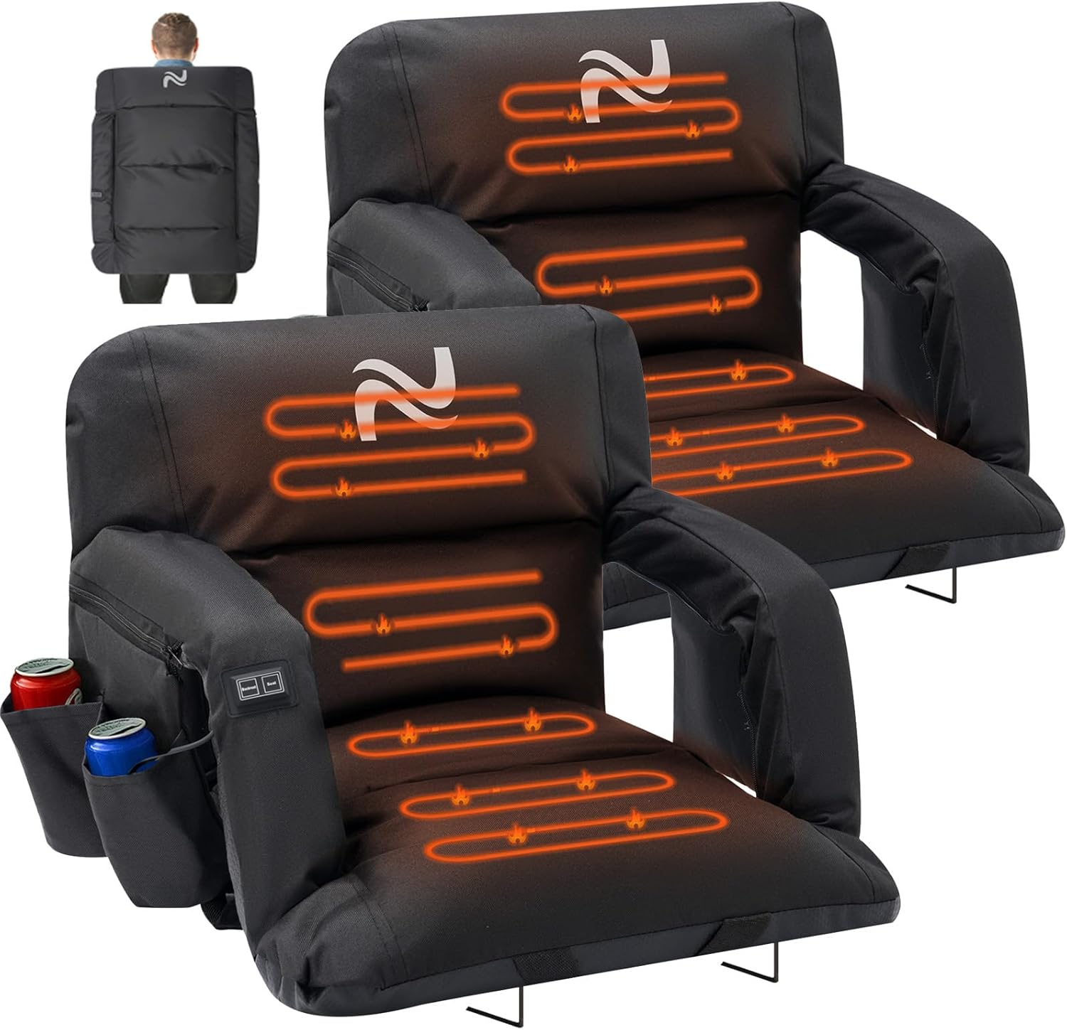 LILYPELLE Double Heated Stadium Seat Bleacher Seat with Back & Arm Support, Portable 6 Reclinng Positions Stadium Seating for Bleachers, Bleacher Seats for Sports Events, Outing, Travelling, Hiking