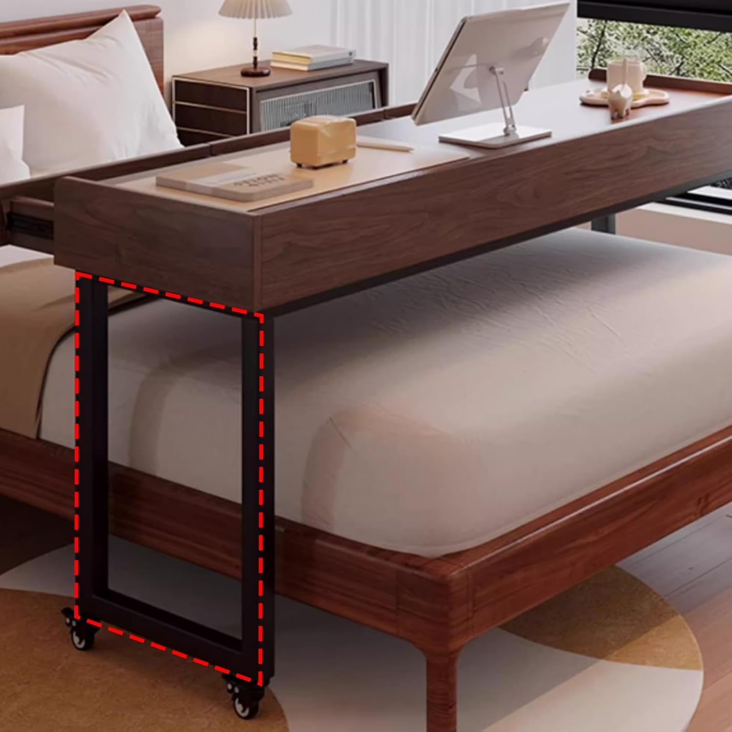 360° Free Rotating Over Bed Desk, Home Overbed Table for Laptop with Raised Baffle and Drawers, Hospital Rolling Table, Sofa Side Table for Home Office(White,180cm/70.8in)