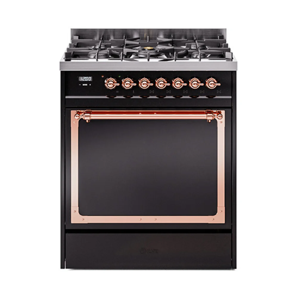 ILVE Nostalgie II Noblesse 30-Inch Dual Fuel Range with Solid Door in Glossy Black with Copper Trim (UN30QNMPBKP)