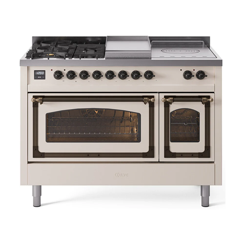 ILVE Nostalgie II Noblesse 48-Inch Dual Fuel Range with 5 Burners, Griddle, & French Top with Triple Glass Door Oven in Antique White with Bronze Trim (UN48FSNMPAWB)