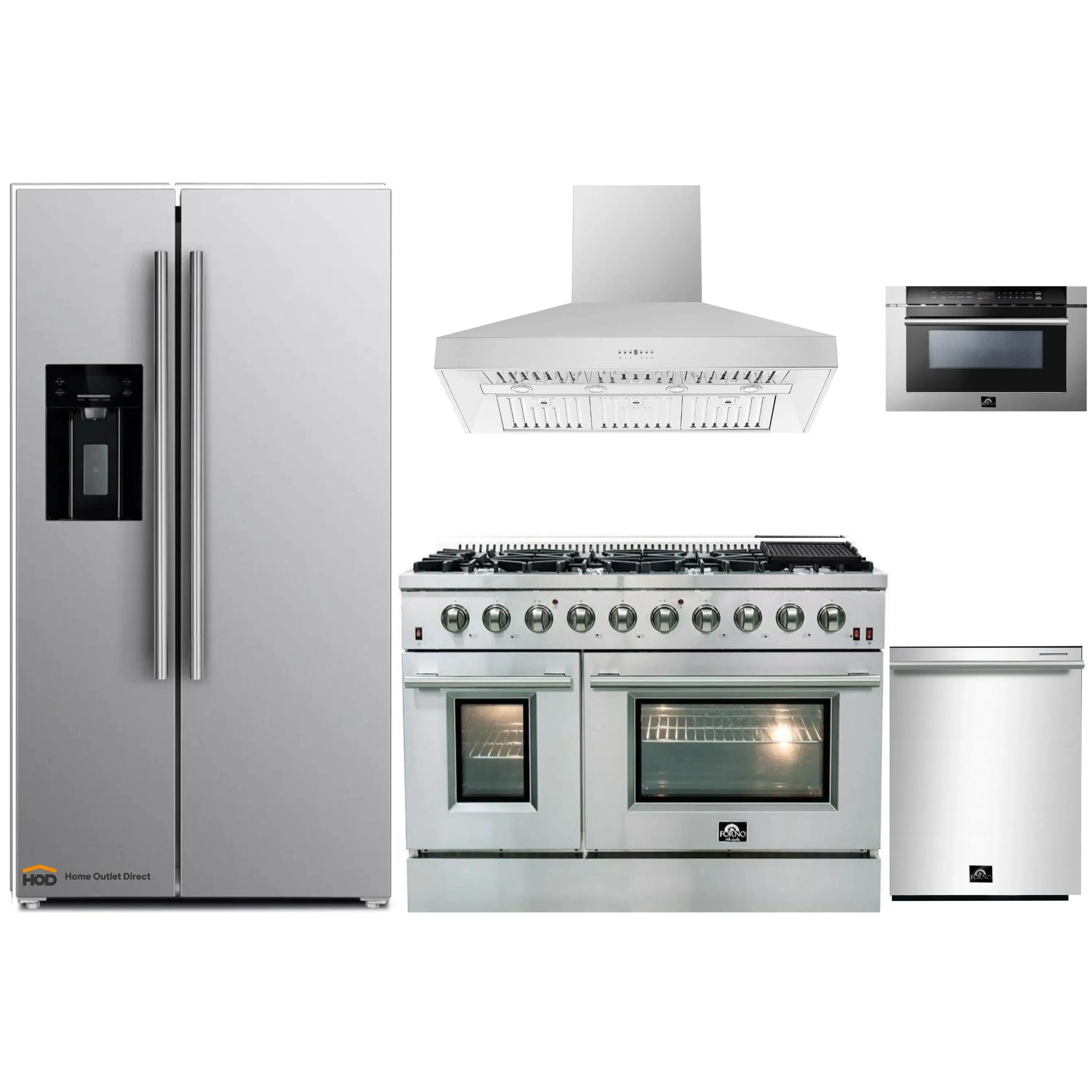 Forno 5-Piece Appliance Package - 48-Inch Gas Range, Refrigerator with Water Dispenser, Wall Mount Hood, 24-Inch Microwave Drawer, & 3-Rack Dishwasher in Stainless Steel