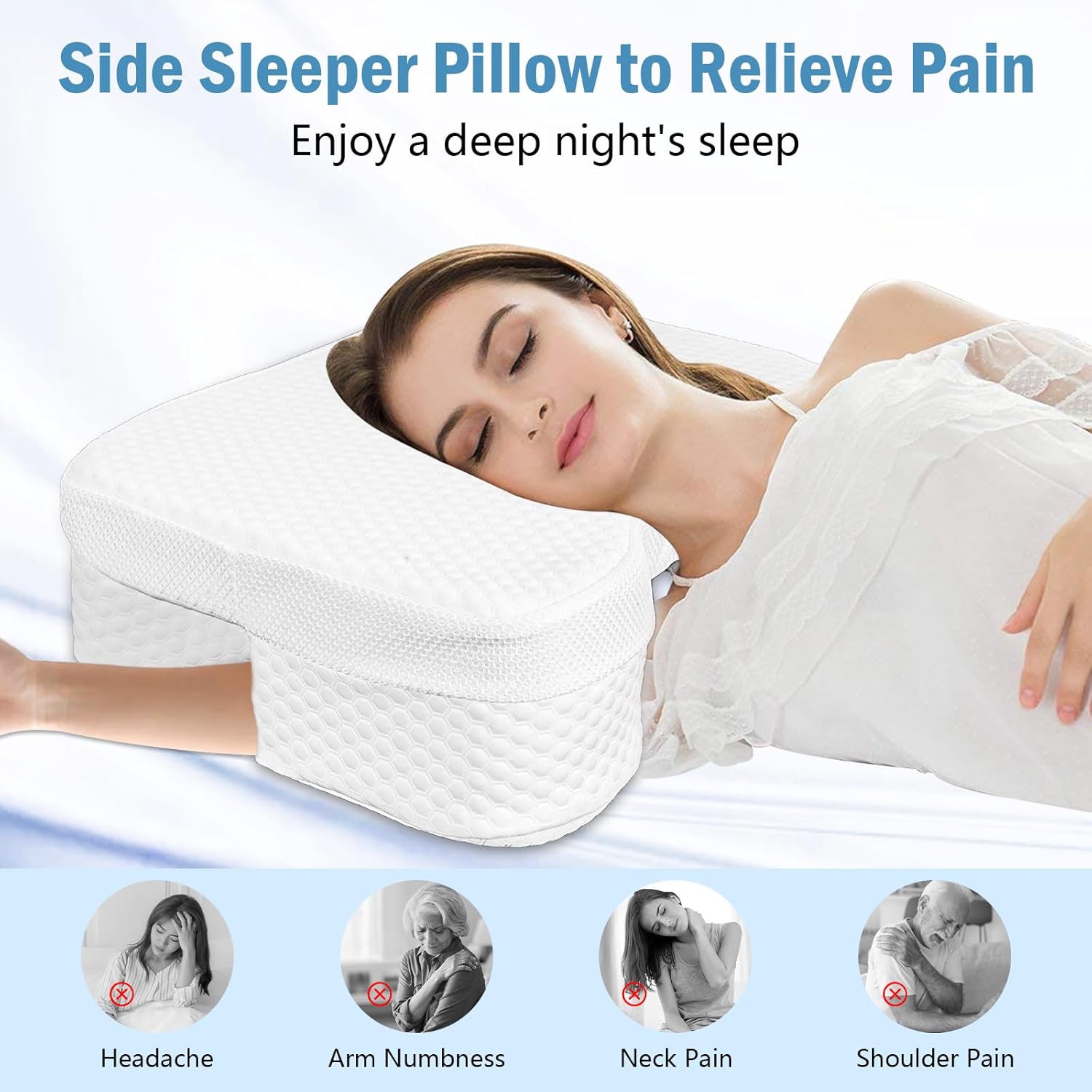 Side Sleeper Pillow with Arm Holes, Memory Foam Pillow for Neck & Shoulder & Cervical Pain Relief, Ergonomic Arm Holes Positioner Cooling Bed Pillows for Side Stomach Sleeping (White)
