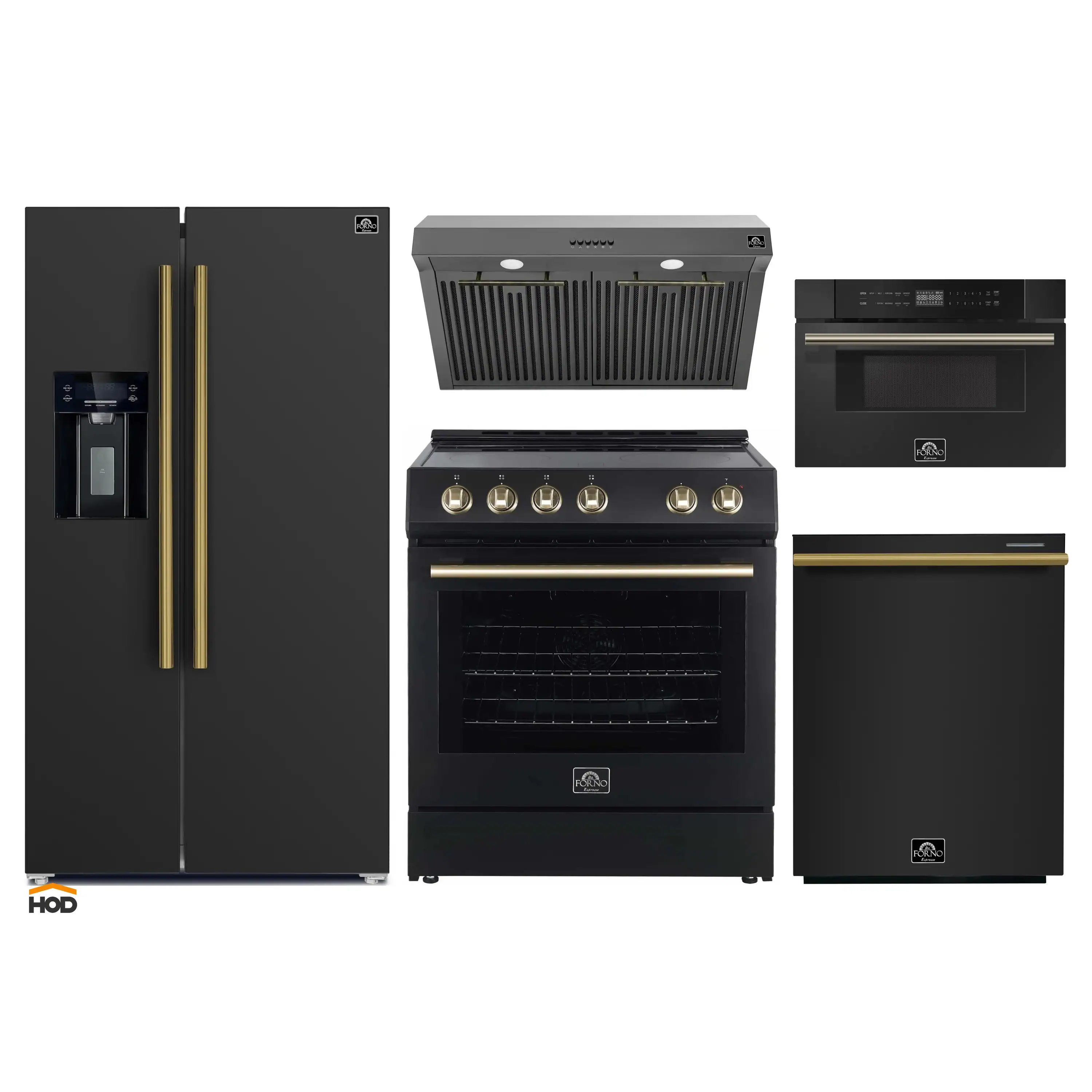 Forno 5-Piece Appliance Package - 30-Inch Electric Range, Under Cabinet Range Hood, Refrigerator with Water Dispenser, Dishwasher, and 30-Inch Microwave Drawer in Black with Antique Brass Trim
