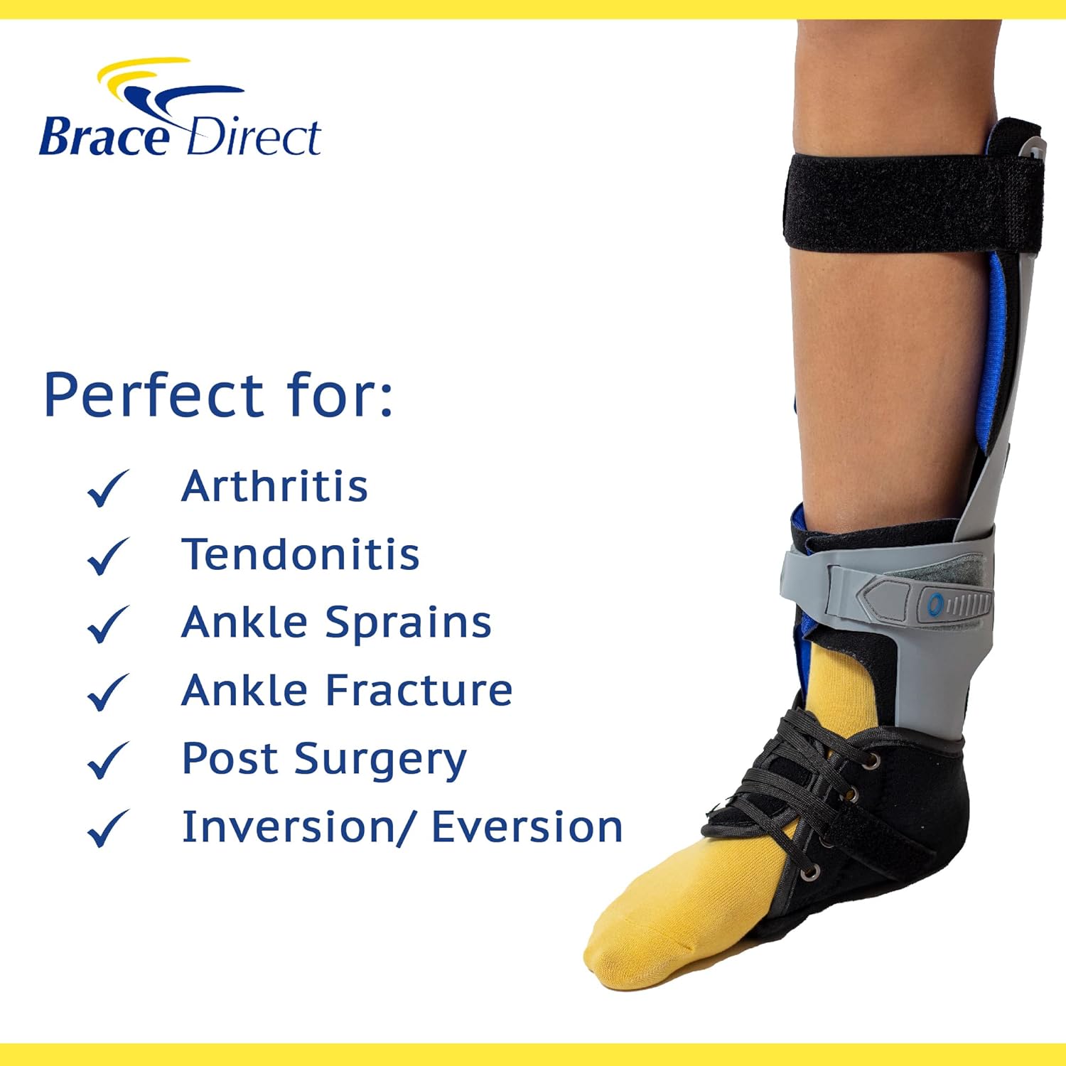 Brace Direct Recovery Lightweight Ankle Brace L1906- Easy Tie Lacing & Moldable Footplate to control inversion/eversion for Ankle Injuries and Sprains Support Stabilizer