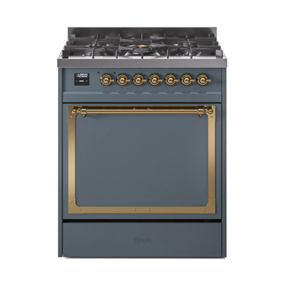ILVE Nostalgie II Noblesse 30-Inch Dual Fuel Range with Solid Door in Blue Grey with Brass Trim (UN30QNMPBGG)