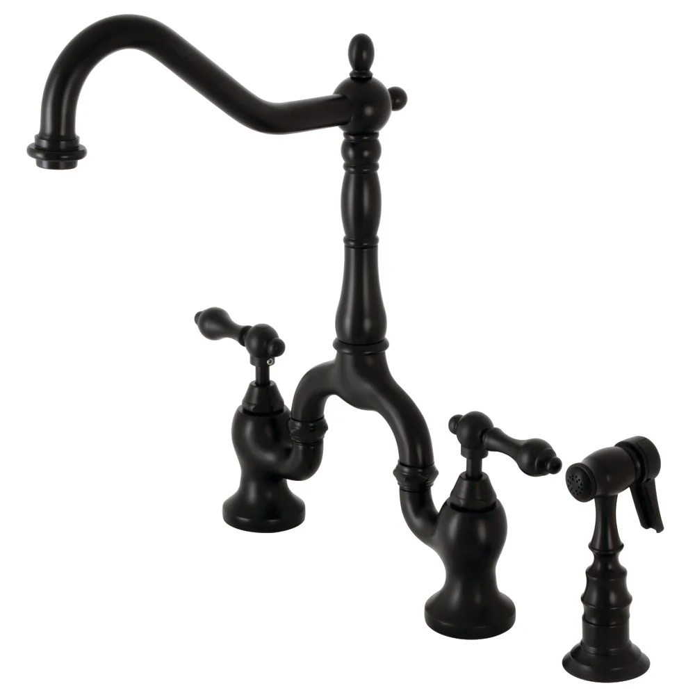 Kingston Brass English Country Bridge Kitchen Faucet with Brass Side Sprayer, Matte Black (KS7750ALBS)