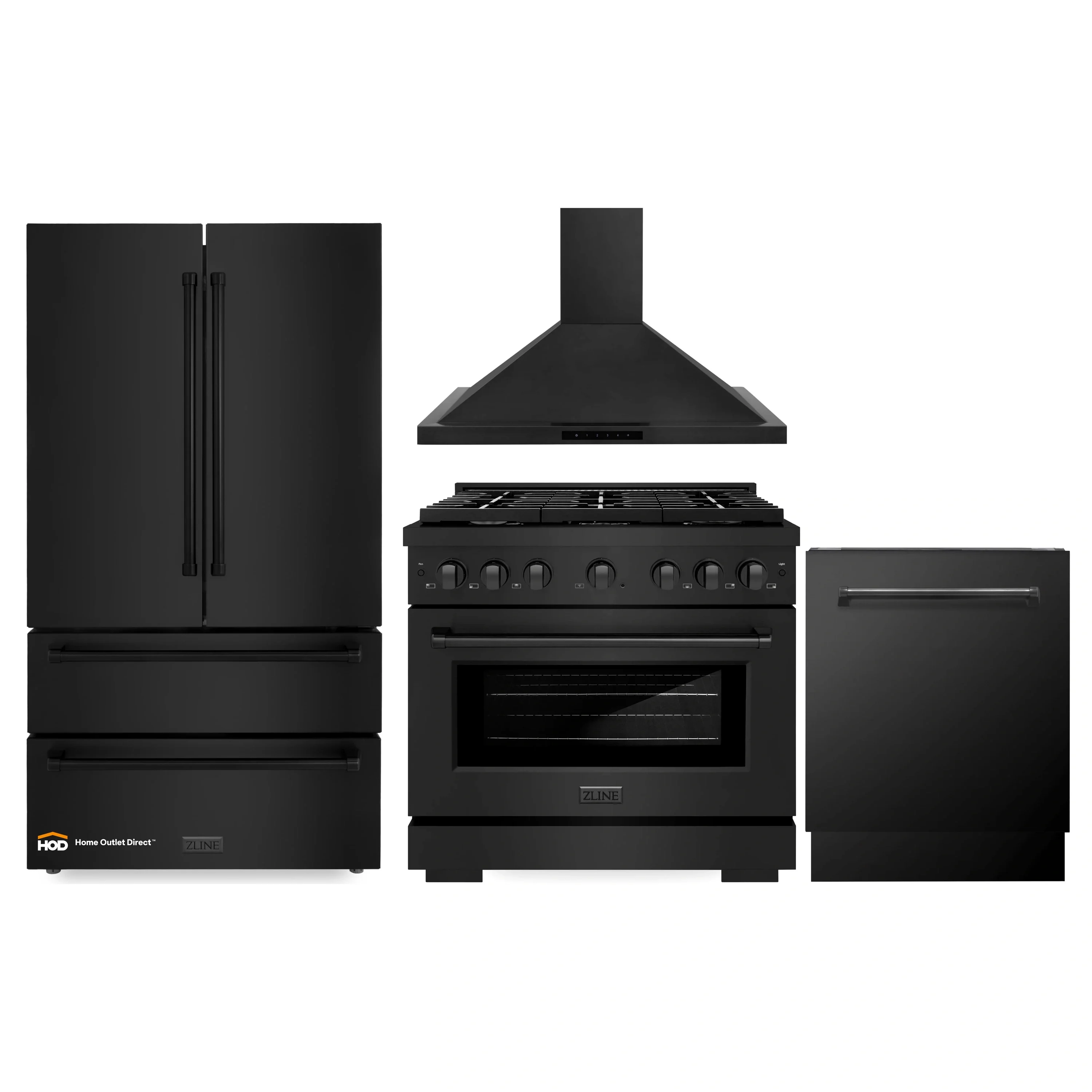 ZLINE 4-Piece Appliance Package - 36-Inch Gas Range, Refrigerator, Convertible Wall Mount Hood, and 3-Rack Dishwasher in Black Stainless Steel (4KPR-SGRBRH36-DWV)