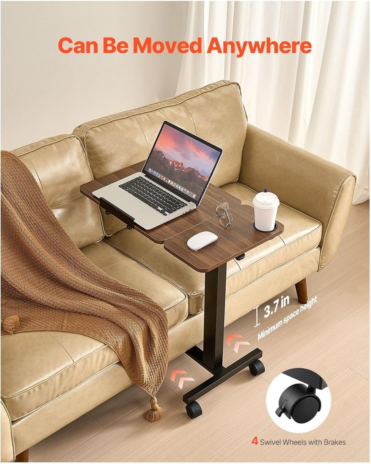 Overbed Table, Mobile Bedside Table with Wheels - Adjustable Height & Tilt Laptop Desk, Rolling Over Bed Table with Cup Holder for Home Office Study - Wood & Black