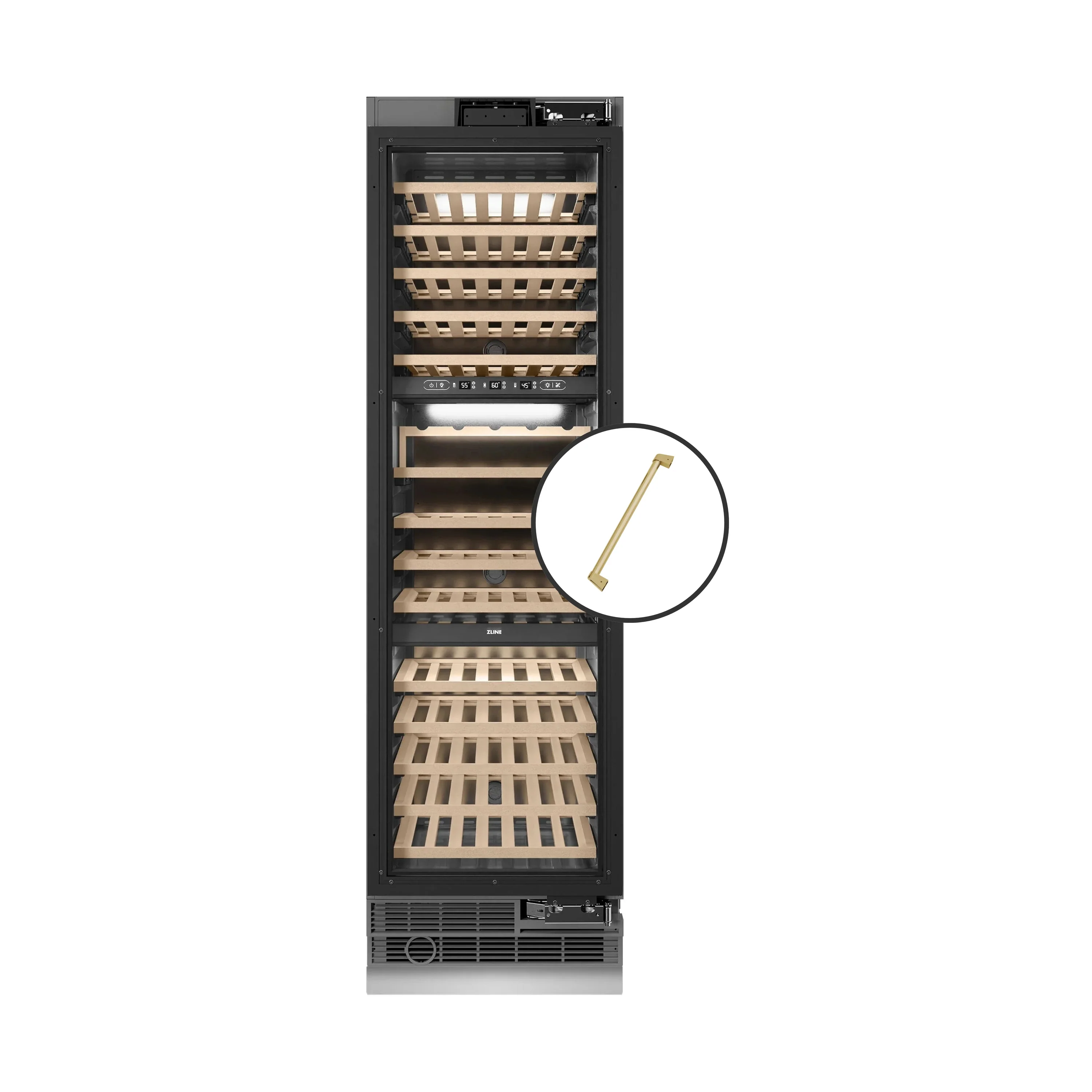 ZLINE Autograph Edition 24-Inch 12.4 Cu. Ft. Triple Zone 100 Bottle Panel Ready Column Wine Cooler with Polished Gold Accents (RBCWVZ-24-G)